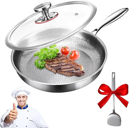 PakaLife Sartén de titanio con martillo y tapa, utensilios de cocina profesionales de titanio y acero inoxidable de 10.23 pulgadas, juego de ollas y