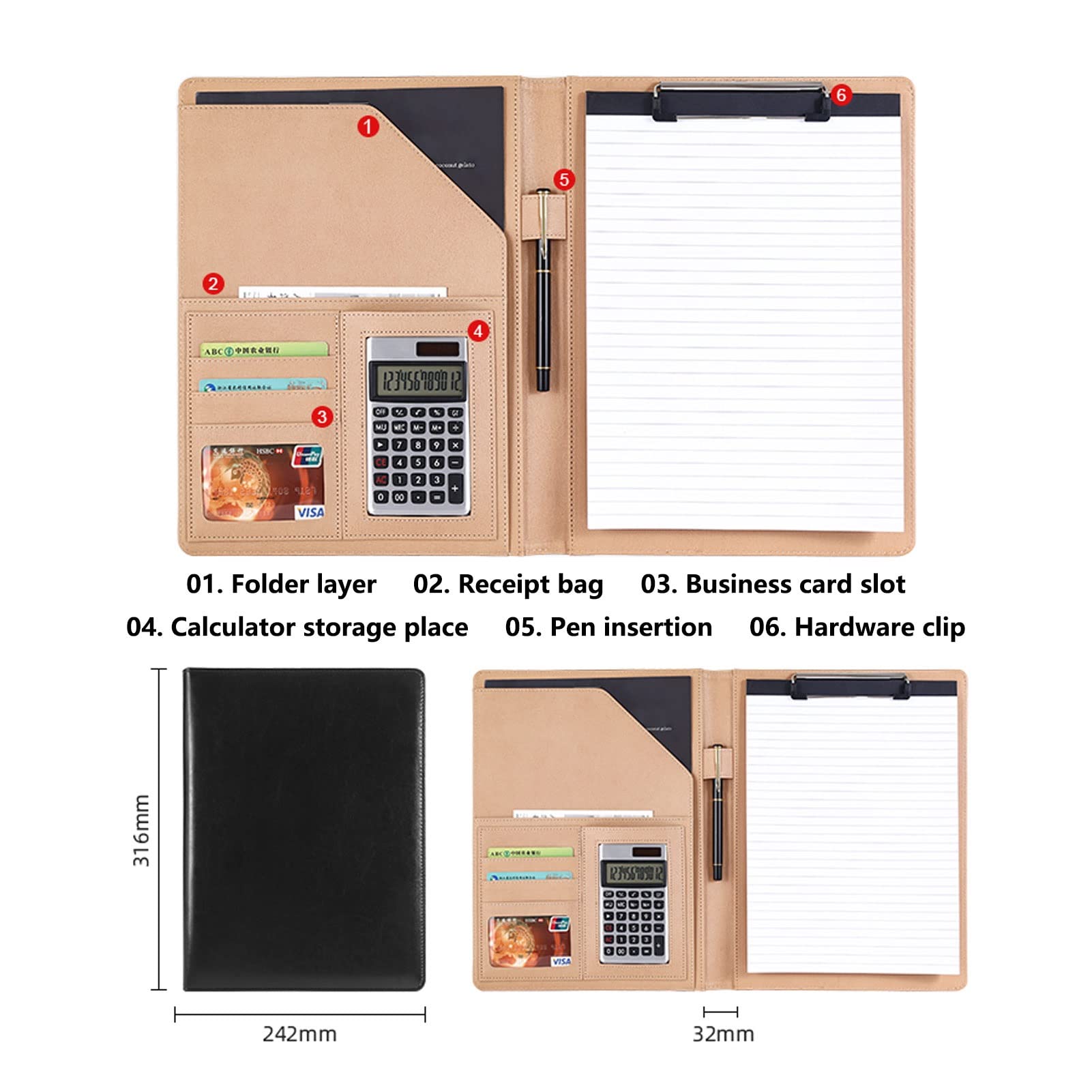 Portfolio biznesowe A4 Padfolio Konferencja Segregator dokumentów Wielofunkcyjny teczka na dokumenty z kalkulatorem Skórzany organizer dla mężczyzn kobiet Notatnik do wielokrotnego napełniania 25 arkuszy 4 szt. (kolor: różowy 2)