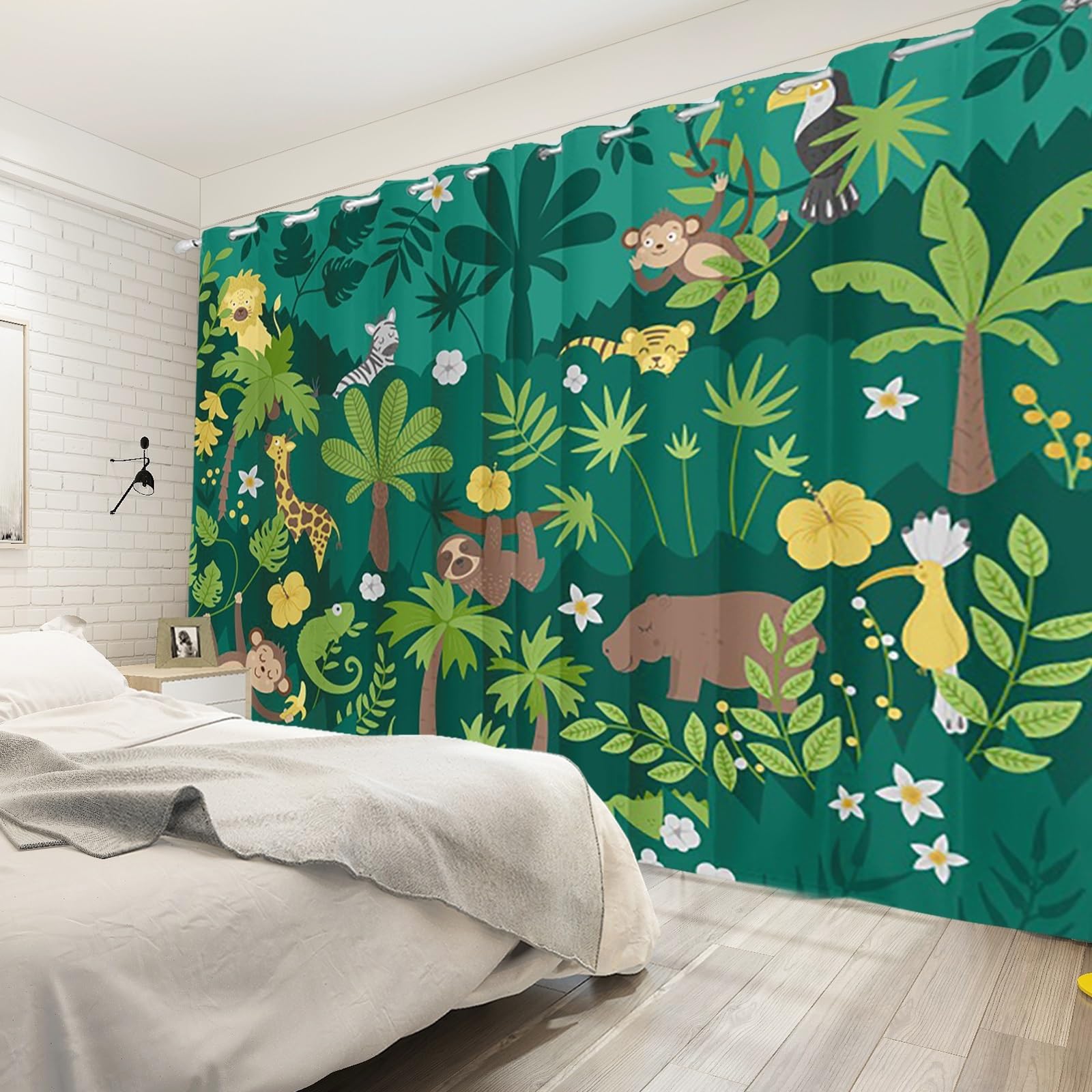 135x229cm Cartoon Tiere Ösenvorhang für Kinderzimmer Grüner Wald Tropisch Bunt Niedlich Zoo Ösenvorhänge Verdunkelungsvorhänge Fenstervorhänge für Jungenzimmer Wohnzimmer,2 paneel