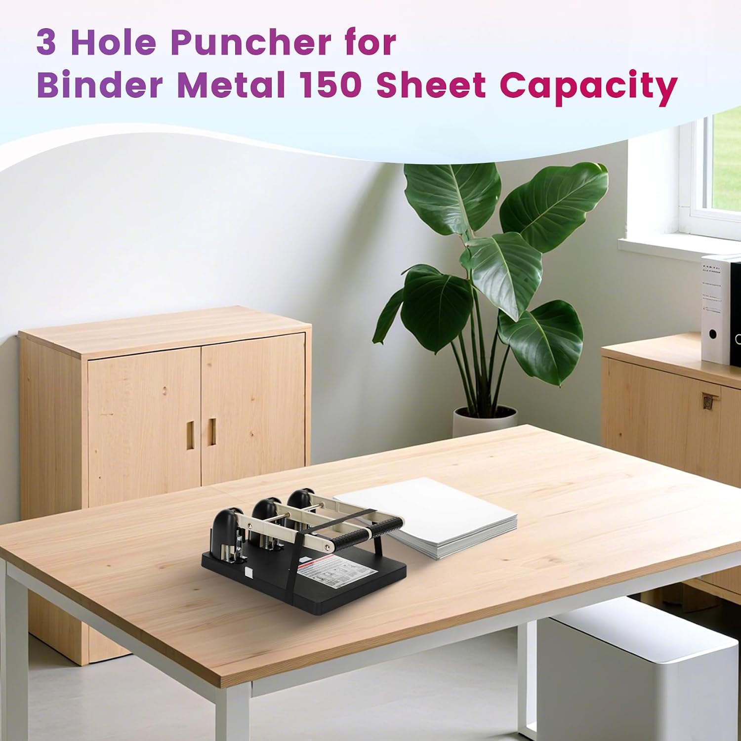 Heavy Duty 3 Hole Punch, Labor-Saving Handle, Punches up to 150 Sheets of Paper for Schools, Print Stores and Corporations, for Binders with Ergonomic