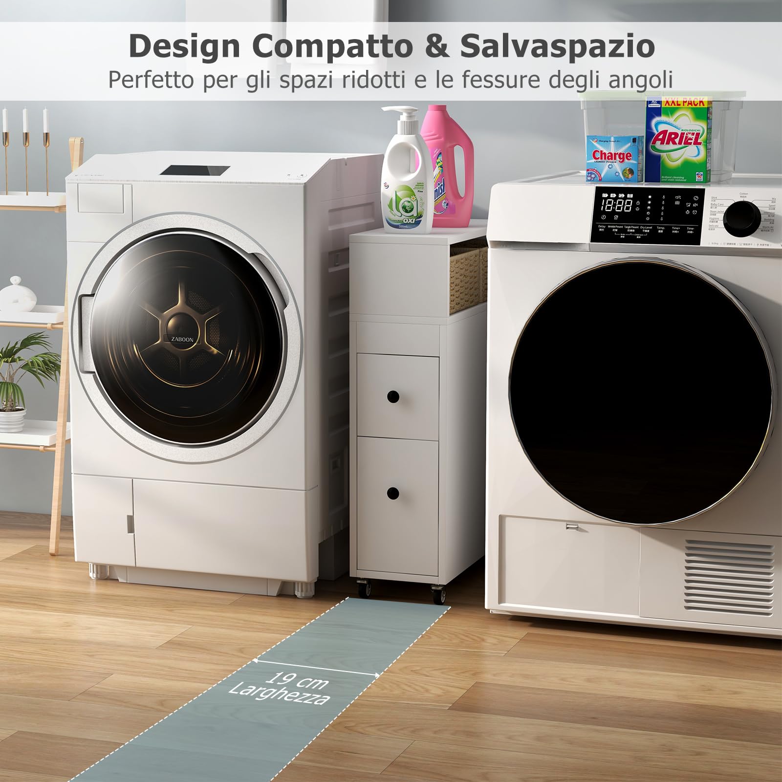 GYMAX Mobiletto da Bagno, Porta Carta Igienica Autoportante con 2 Cassetti Estraibili, 2 Cesti di Vimini e Portaspazzolino, Mobile Stretto Laterale Rotante per Toilette (Bianco)