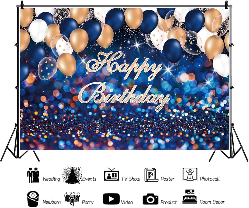Renaiss 7x5ft Happy Birthday Backdrop Banner for Photoshoot Bright Glittering Royal Blue Birthday Photography Background Men Women Kids Birthday Party Decor Navy Blue and Gold Bday Photo Booth Prop