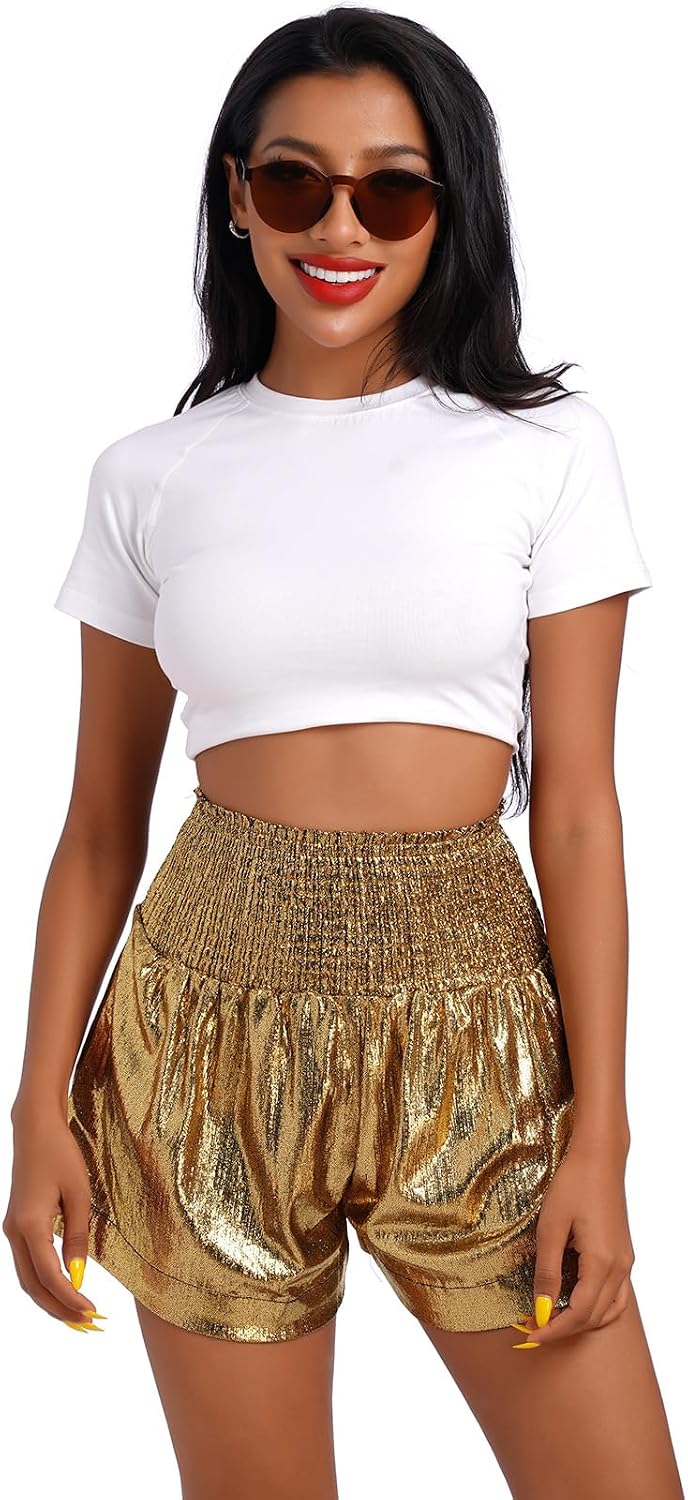 Women's Sparkly Loose Draped Metallic Shorts Yoga Flowy Shorts with Glasses Girls Summer Casual Hot Pants Rave Clothes