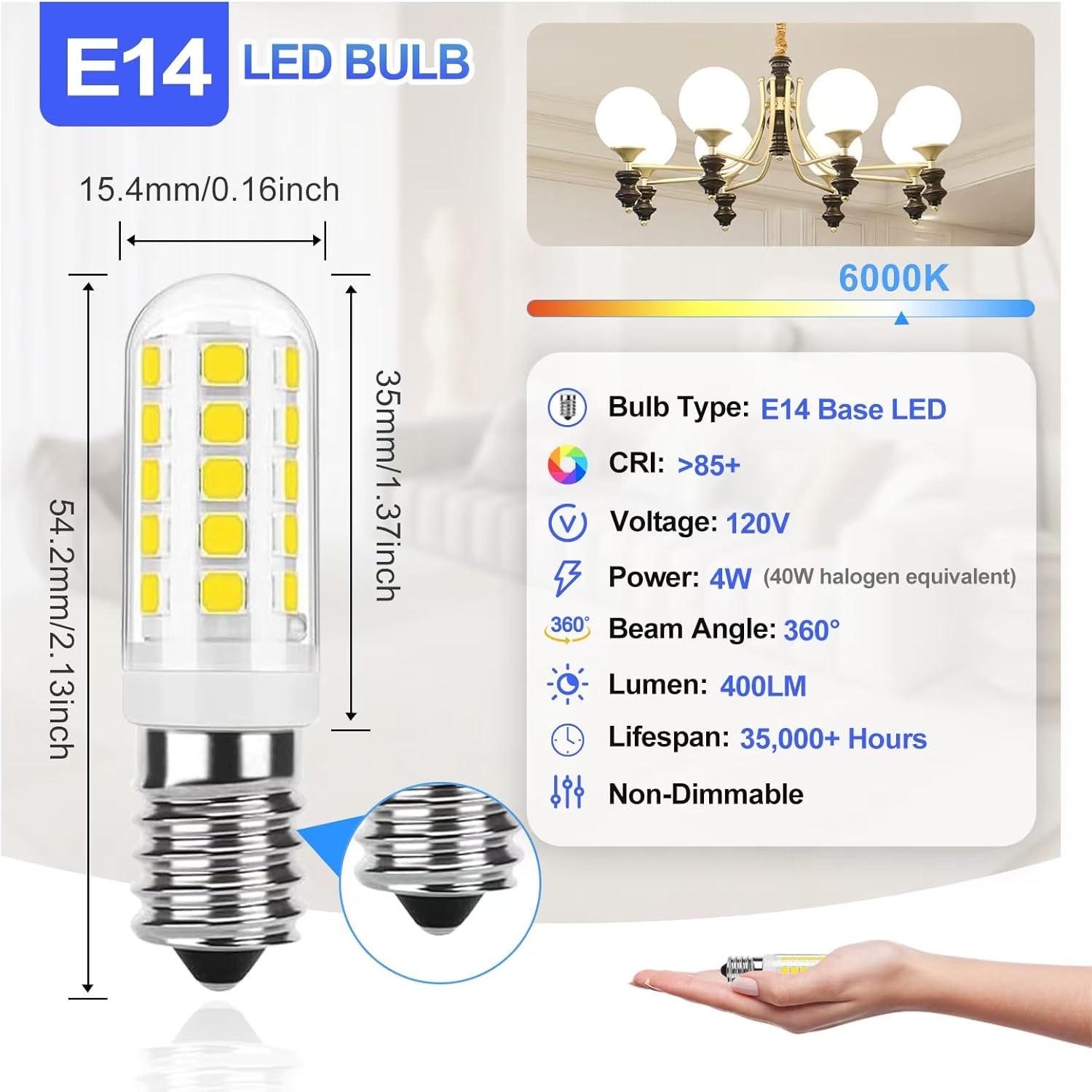 E14 led Light Bulb e14 European Screw Base LED Light Bulbs 40 Watt Incandescent Bulb Equivalent,4W T3/T4 European Base Replacement Omni-Directional,Daylight White 6000k(5-Pack)