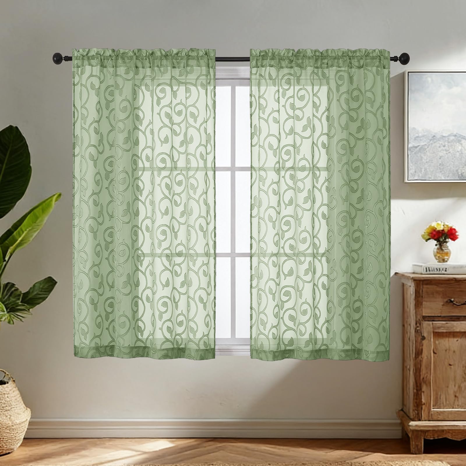Simplebrand Sage Green Sheer Voile Curtains with Embroidered Pattern, 2 Panels 140x122cm, Dual Rod Pocket Light Filtering Curtains for Kitchen Café Window — image 1