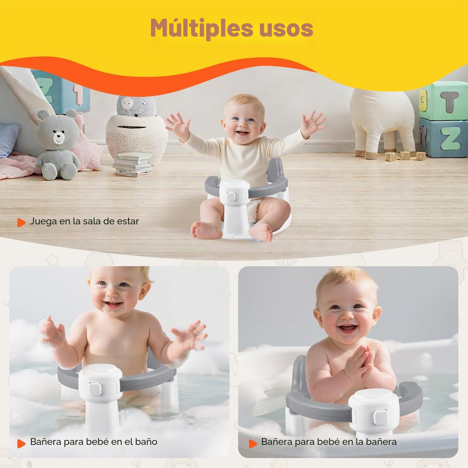 Asiento de baño ajustable y antideslizante para niños de 6 a 15 meses, soporta hasta 12 kg, 2 juguetes, ventosas, diseño ergonómico para un baño cómodo