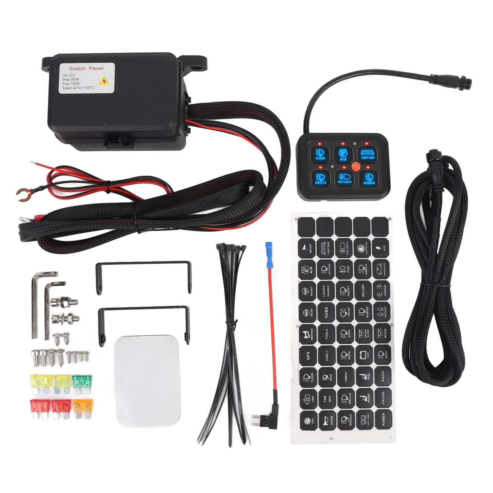 6 Gang 12V Panel Przełącznika z Przyciemnionym Podświetleniem Auto Regulowana Wtyczka Jasności i Odtwarzanie dla LED