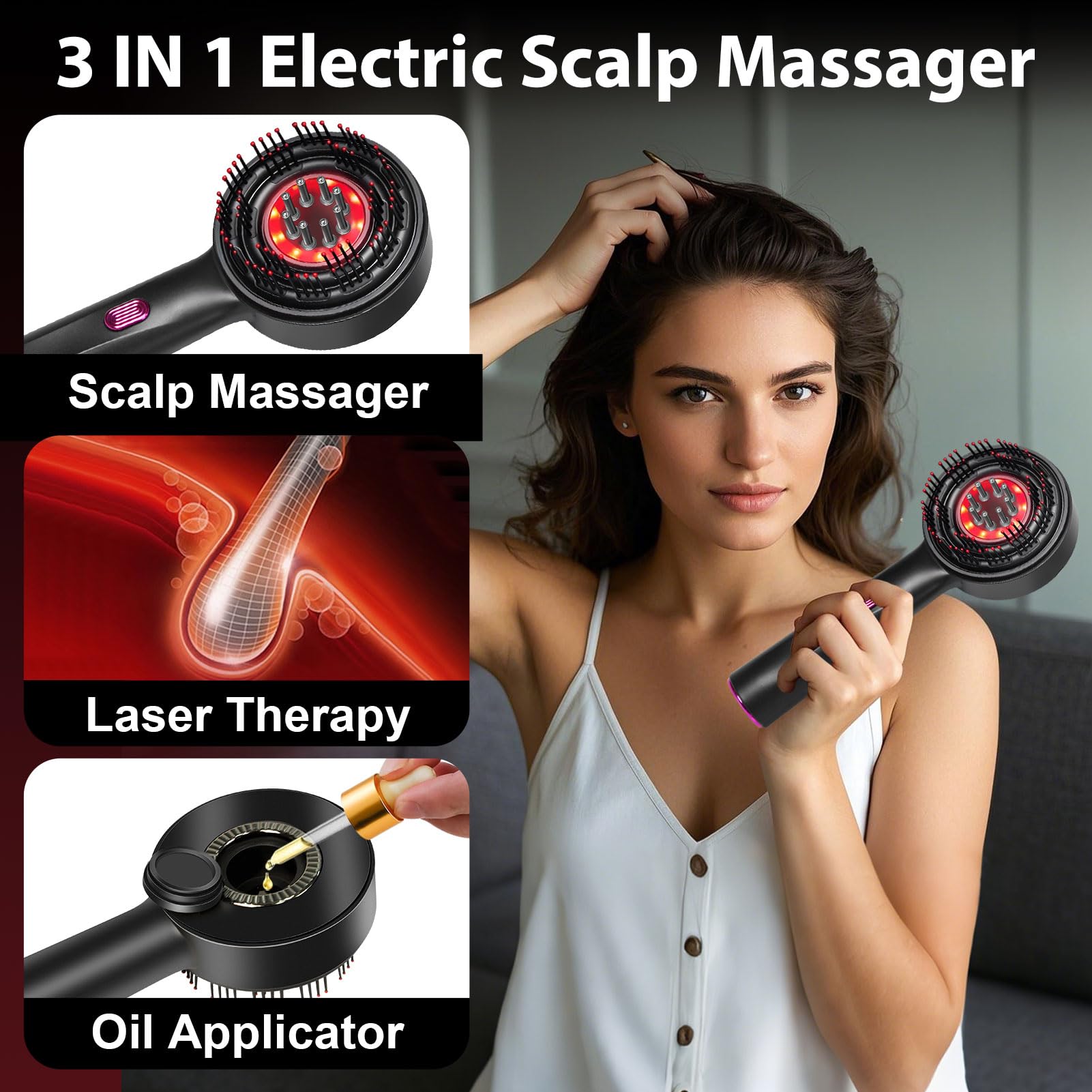 Laser Therapy Hair Growth Comb, Red Light Hair Brush, 360° Electric Scalp Massager for Hair Care, Red Light Therapy for Hair Growth, Hair Oil Applicator, IPX7 Waterproof