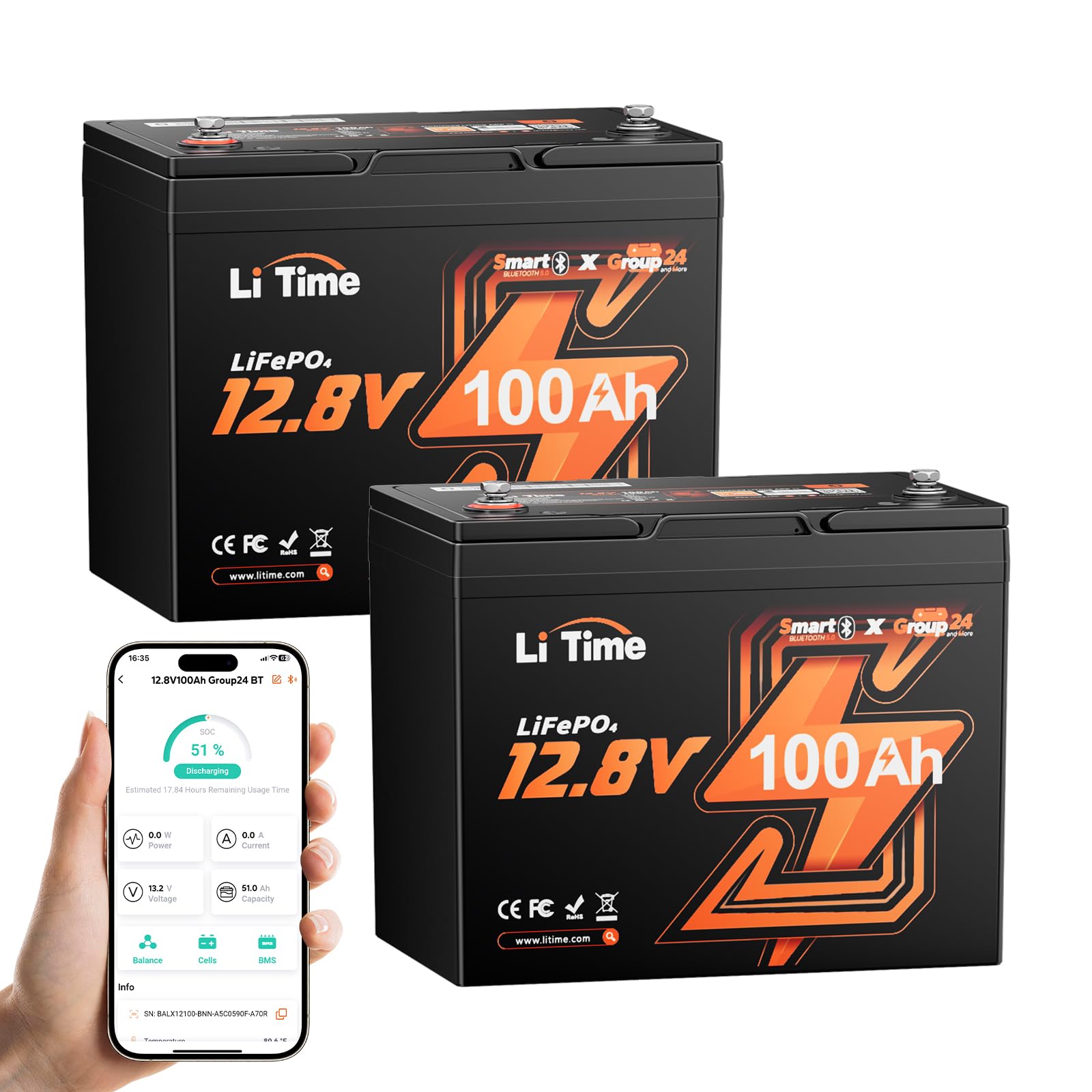 LiTime Batteria Litio 12V 100Ah con Bluetooth per Camper, Barche (2 PACK)