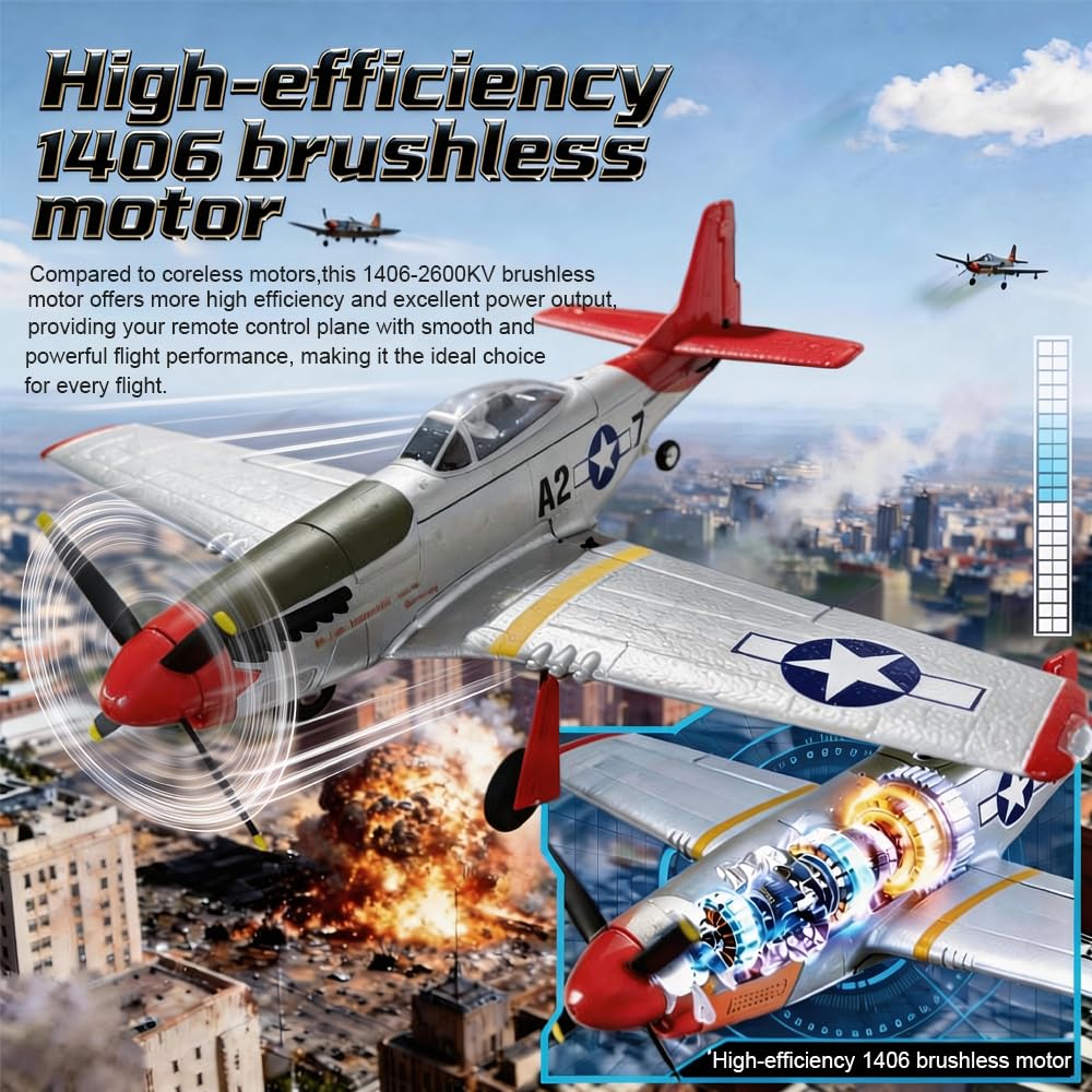 5-Kanal RC-Flugzeug 3D/6G P51D Mustang Ferngesteuerte Flugzeug für Erwachsene und Anfänger, 2,4-GHz Brushless-Motor, Starrflügel-Kunstflug Flugzeug mit Ersatzpropellern und Akku