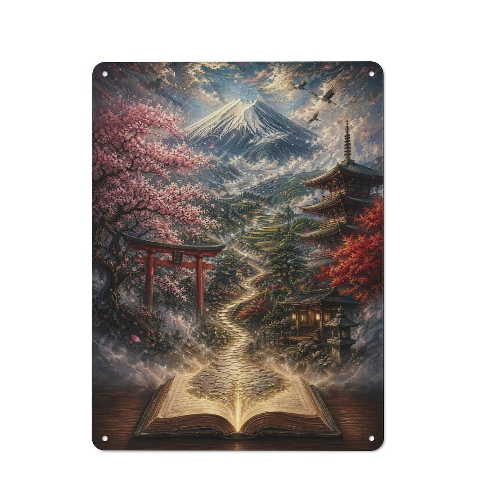 Country Style Kitchen Metal Sign 40x30cm Featuring Magical Japanese Landscape Book, Diner Style Decor for Kitchen, Cafe, Pantry Or Dining Room