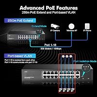 YuLinca 16 Portos PoE Switch - 10/100Mbps PoE+ Portok, 2 Gigabit Uplink, IEEE802.3af/at, 200W, VLAN & 250m PoE Hatótáv, Rackbe Szerelhető Ve 5