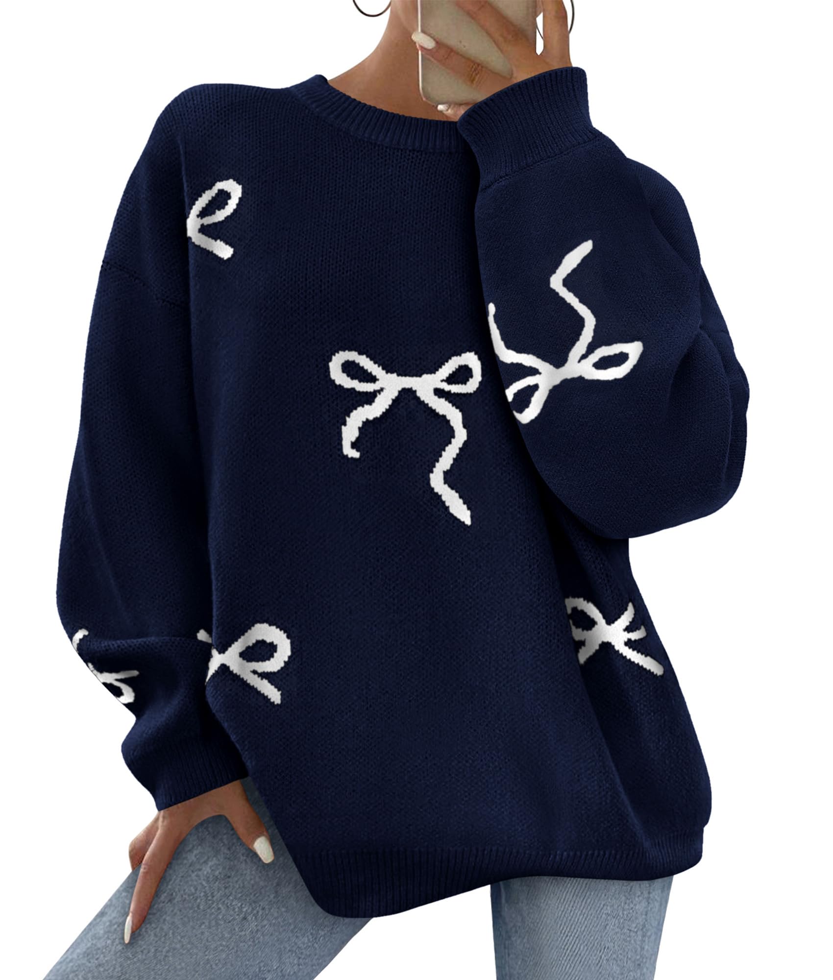 PRETTYGARDEN Women Long Sleeve Cute Bow Oversized Sweater | Chunky Soft Warm Knit, Loose Fit Pullover Sweaters, Crew Neck Y2k Pattern, Casual Going