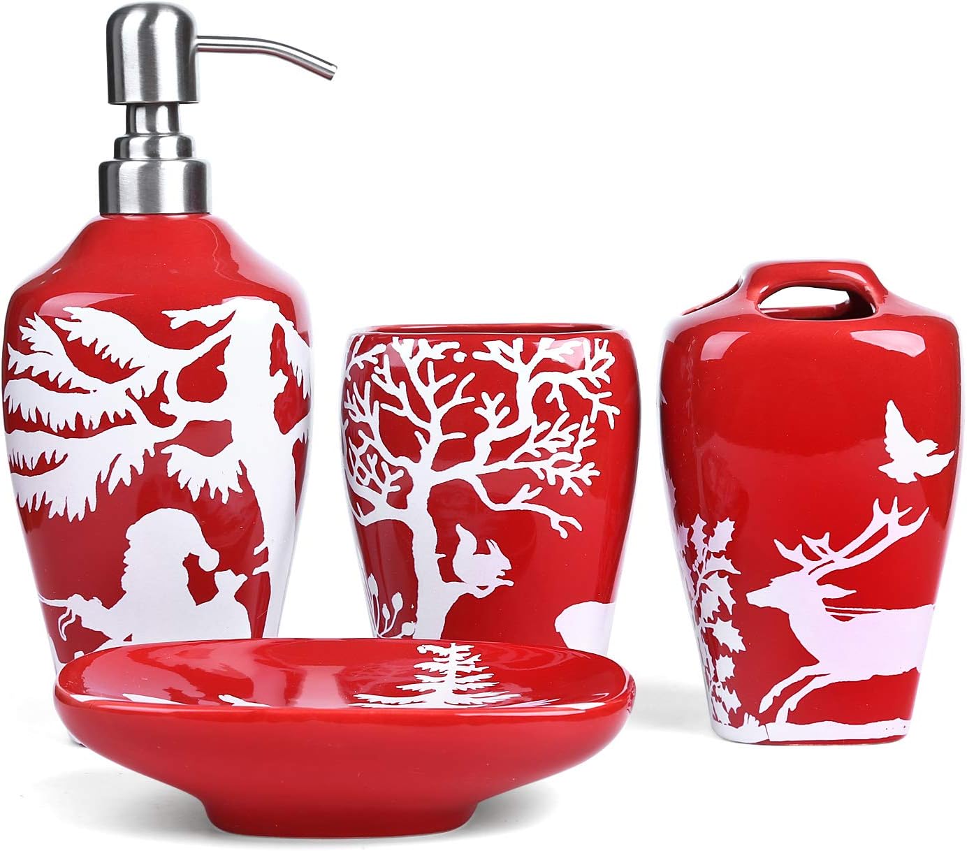 FL3017 Ceramic Bathroom Accessories Set of 4:1 Tumbler,1 Toothbrush Holders,1 Soap Dishes,1 Soap Dispenser（Christmas Tree）