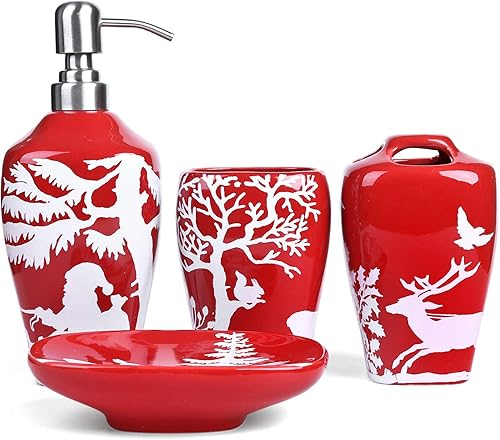 FL3017 - Juego de accesorios de baño de cerámica 41, 1 soporte para cepillos de dientes, 1 jabonera, 1 dispensador de jabón (árbol de Navidad)