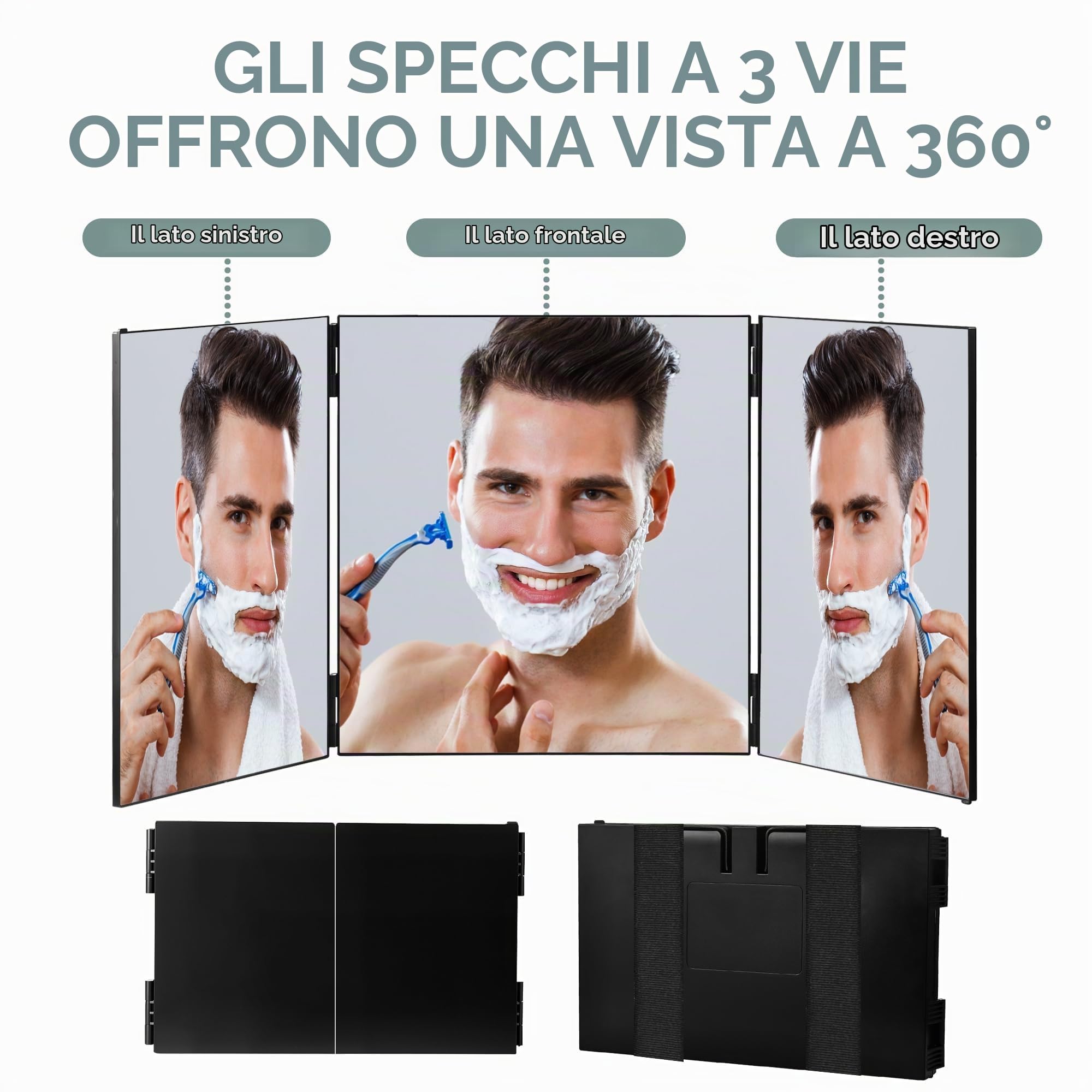 Specchio 360 gradi capelli, specchio barbiere con gancio telescopico, specchio da barba uomo, specchi per auto-taglio capelli, trucco e rasatura (senza LED)