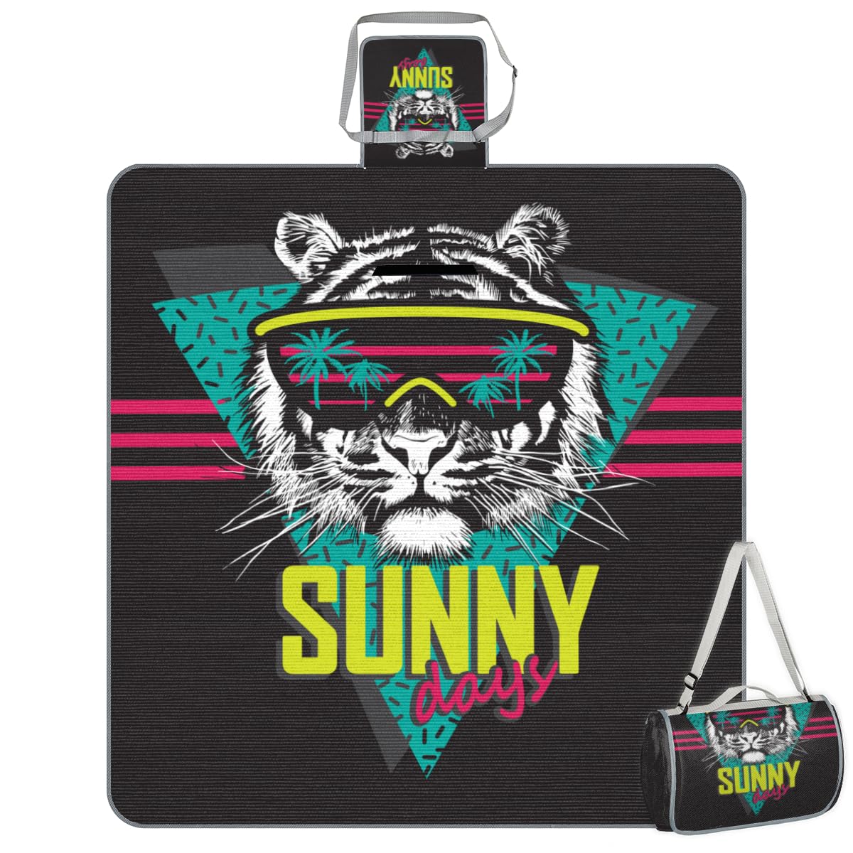 Shimoshe Picnic Blankets 57”x 59”, Sunny Tiger Waterproof Sandproof Picnic Mat Lightweight Foldable Beach Blanket for Camping Park Grass Beach Outdoor Blanket