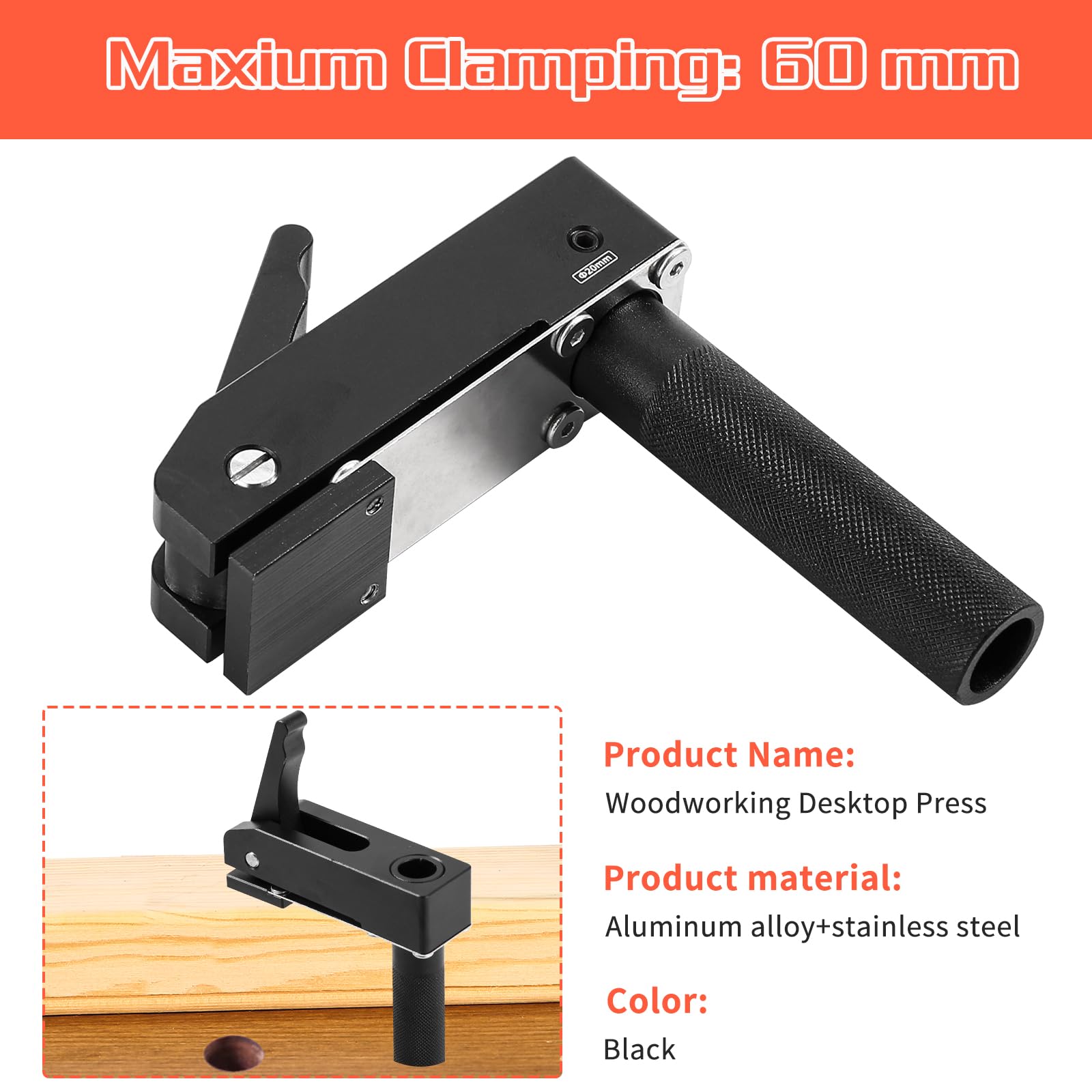 Pince de maintien rapide de bureau - 20 mm - Pince fixe - Réglable - Pour trou de chien de l'établi - Pour sculpter, meuler, fraiser (2, 19 mm)