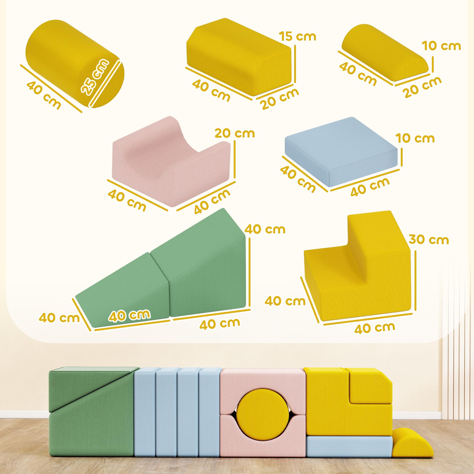 AIYAPLAY Schaumstoff Bausteine 12-TLG. Softbausteine Bausteinset Bunt | Kinder, mit Cord-Optik, Klettern, Großbausteine, Schaumstoff-Kletterblöcke, Bauklötze