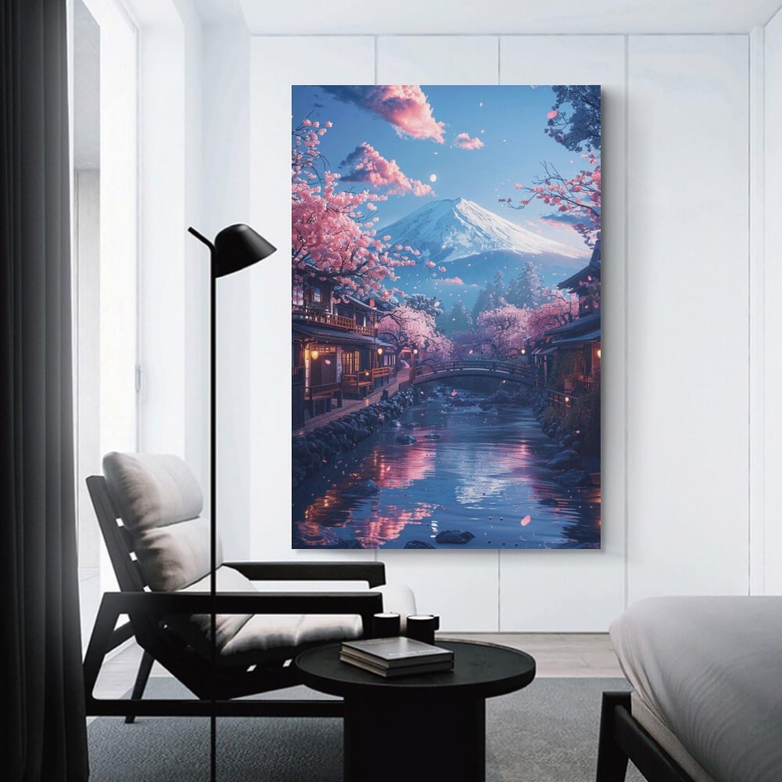 Junmoney Unframe-Style-1 Cherry Blossom Village Scene Wall Picture Print, 24X36inch(60X90cm), For Lounge, Study, Hallway Or Flat Walls, Canvas Wall Art That Fits Changing Layouts