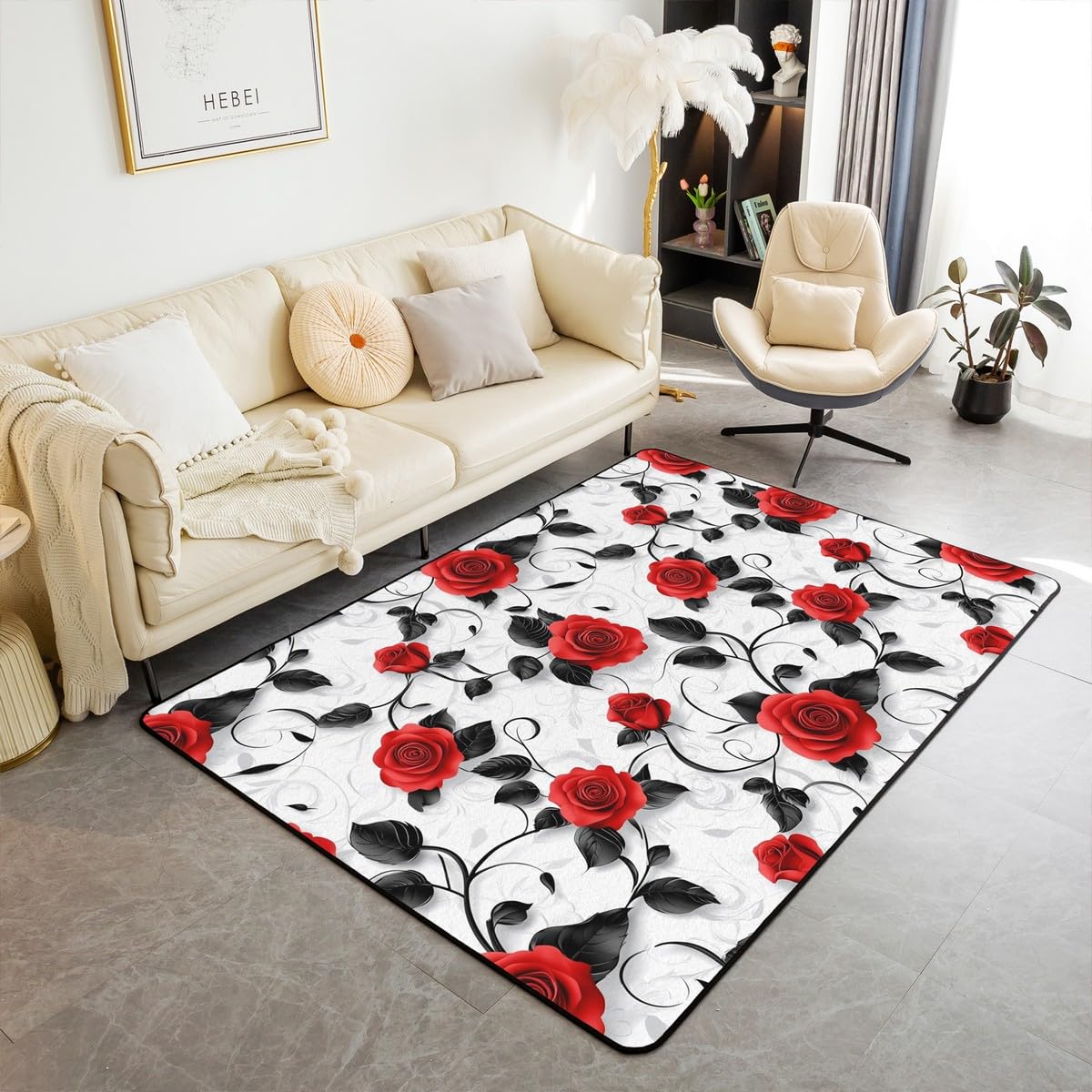 jejeloiu Red Romantic Rose Indoor Floor Mat Flower Floral Rose Living Room Rugs Area Rug 3x5 Woman Girls Bedroom Rose Floral Accent Rug Valentine's