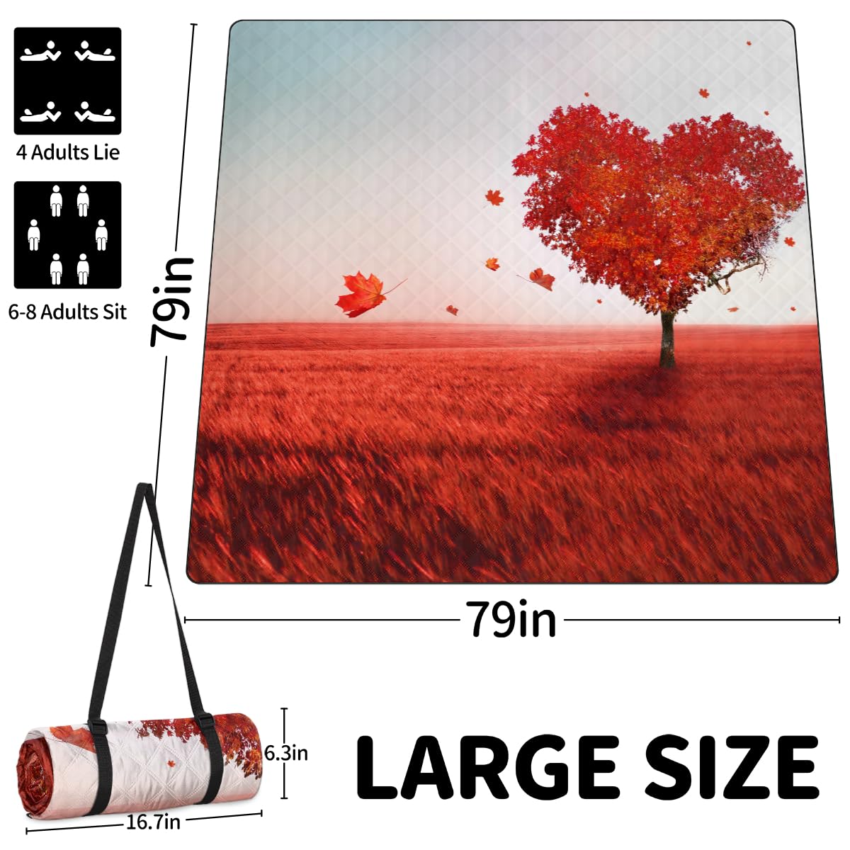Shimoshe Extra Large Picnic Blankets 79”x 79”, Love Maple Tree Waterproof Foldable Picnic Mat with Straps Portable Beach Blanket for Camping Park Grass Beach Indoor