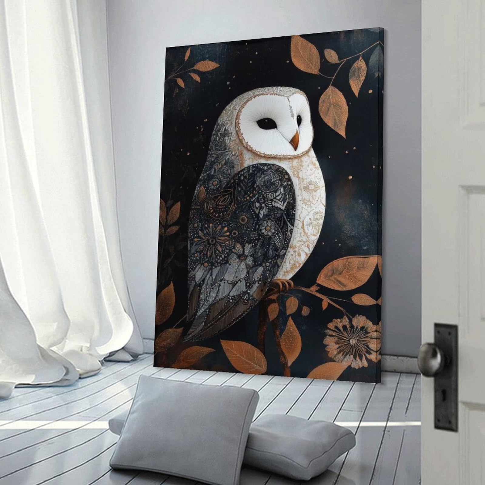 Junmoney Ornate Barn Owl on Branch Canvas Art Print, 16x24inch(40x60cm), for Bedroom Decor, Cosy Corners Or Studios, A Warm Accent for Relaxed Interiors