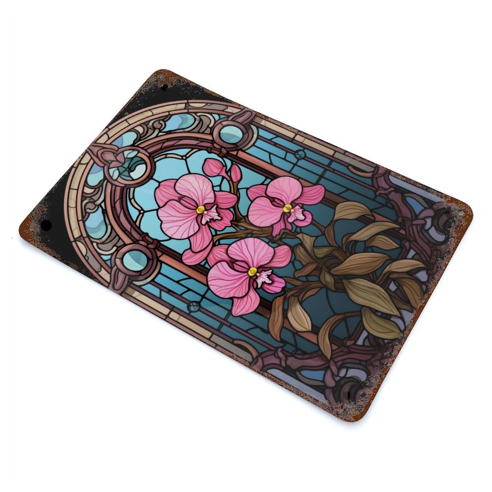 Rusty Metal Tin Sign Stained Glass Orchid 11.8"x7.9", Industrial Home Decor for Patio, Garden Room And Bar Decor