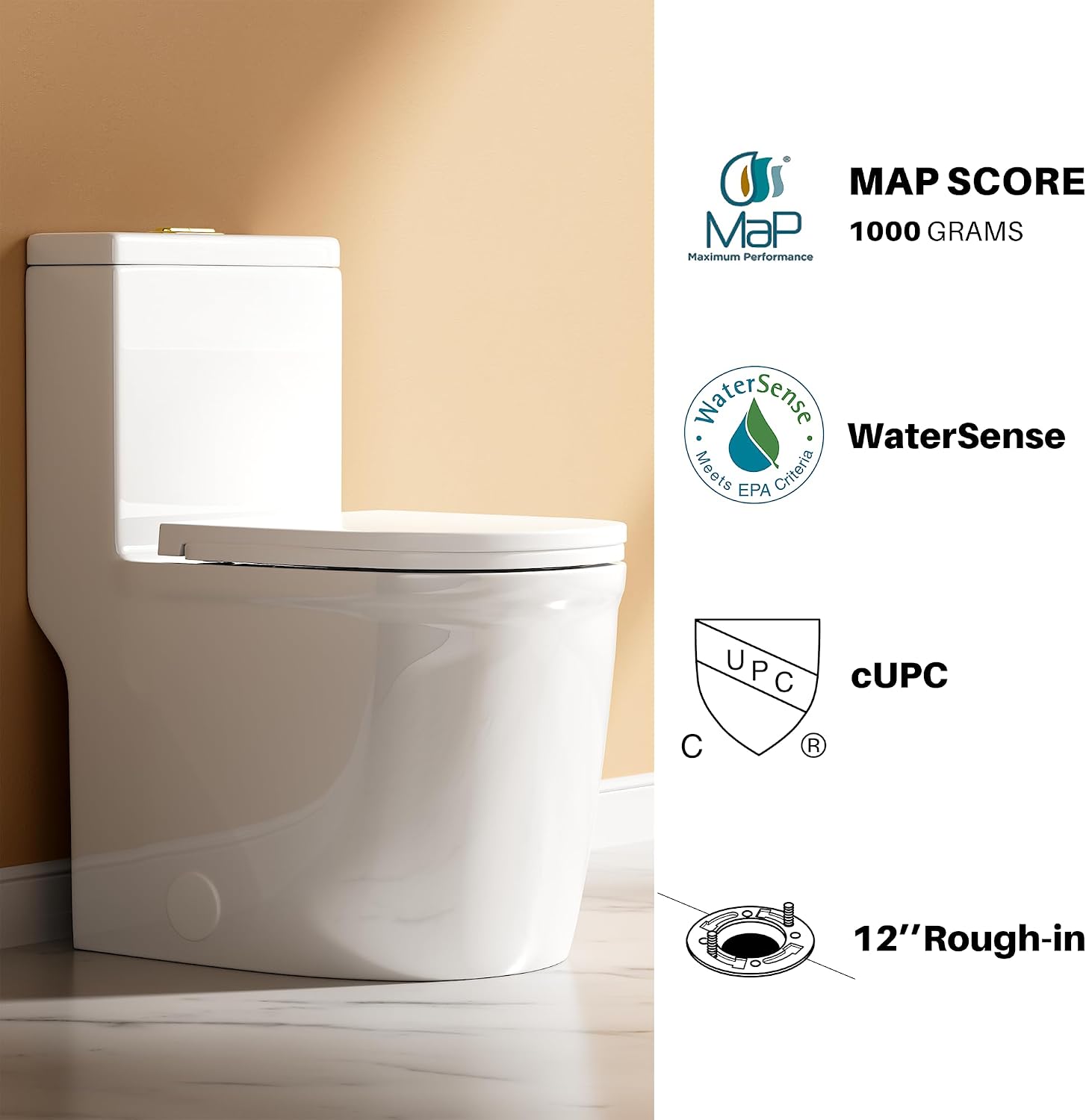 WinZo 23-inch Small Toilet One Piece with Golden Push Button Modern Design For Compact Narrow Bathroom 12" Rough-in White