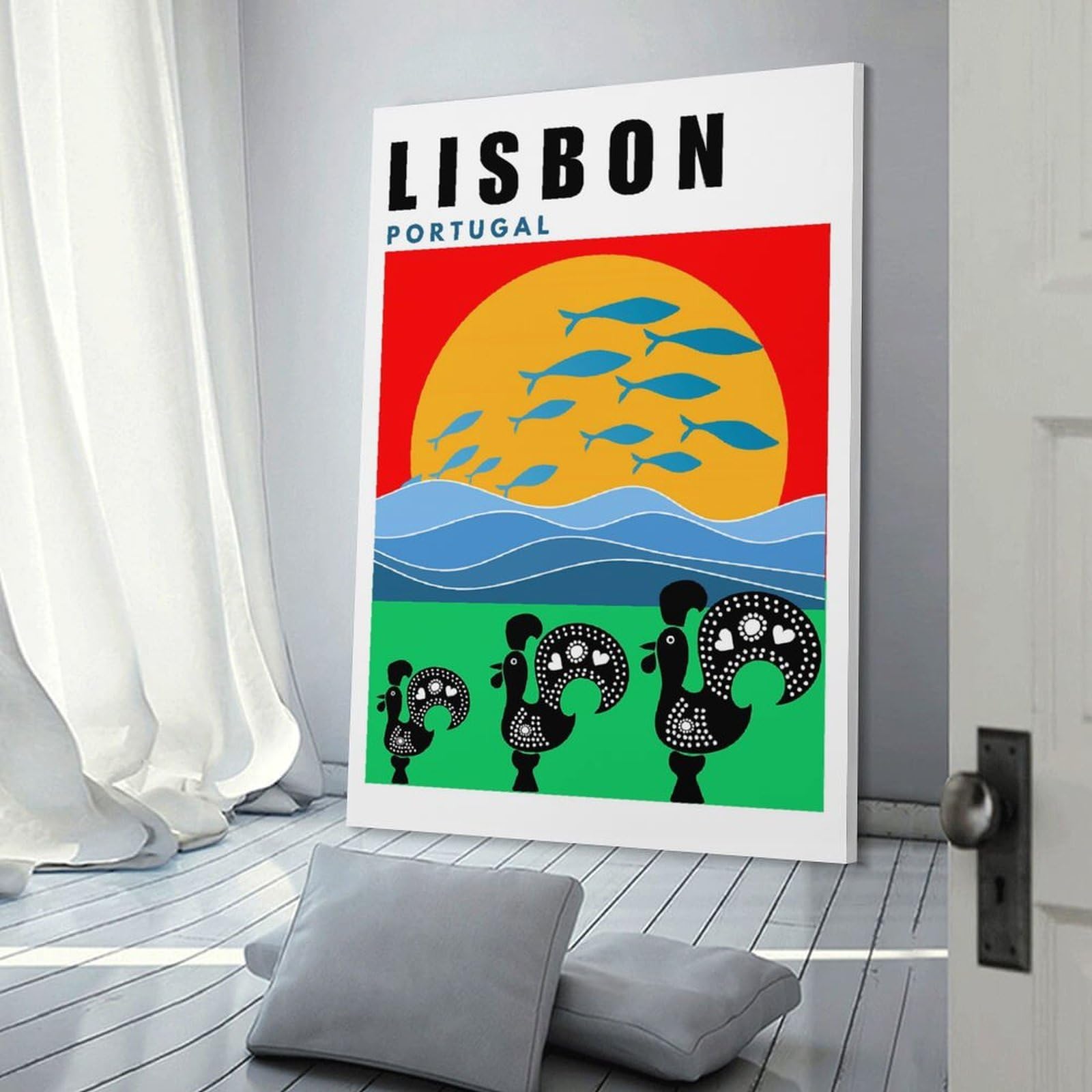 Junmoney Frame-Style-25 Hanging Wall Art Lisbon Portugal Mid Century Modern Travel Poster, 24X36inch(60X90cm), For Wall Displays, Bedrooms Or Room Updates, Wall Decor Suited To Curated Displays
