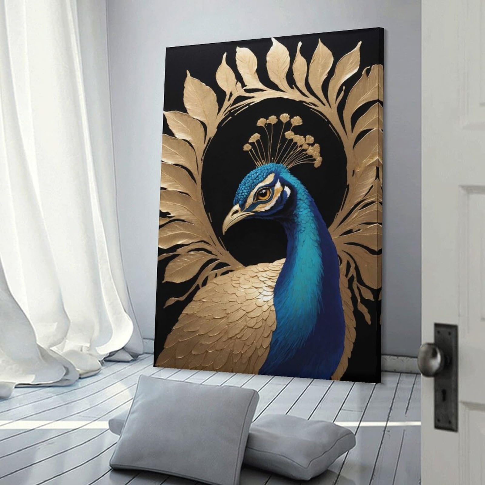 Junmoney Peacock with Golden Laurel Wreath Canvas Wall Decor, 20x30inch(50x75cm), for Apartment Walls, Studios Or Work Areas, Decorative Canvas Decor for Home Updates