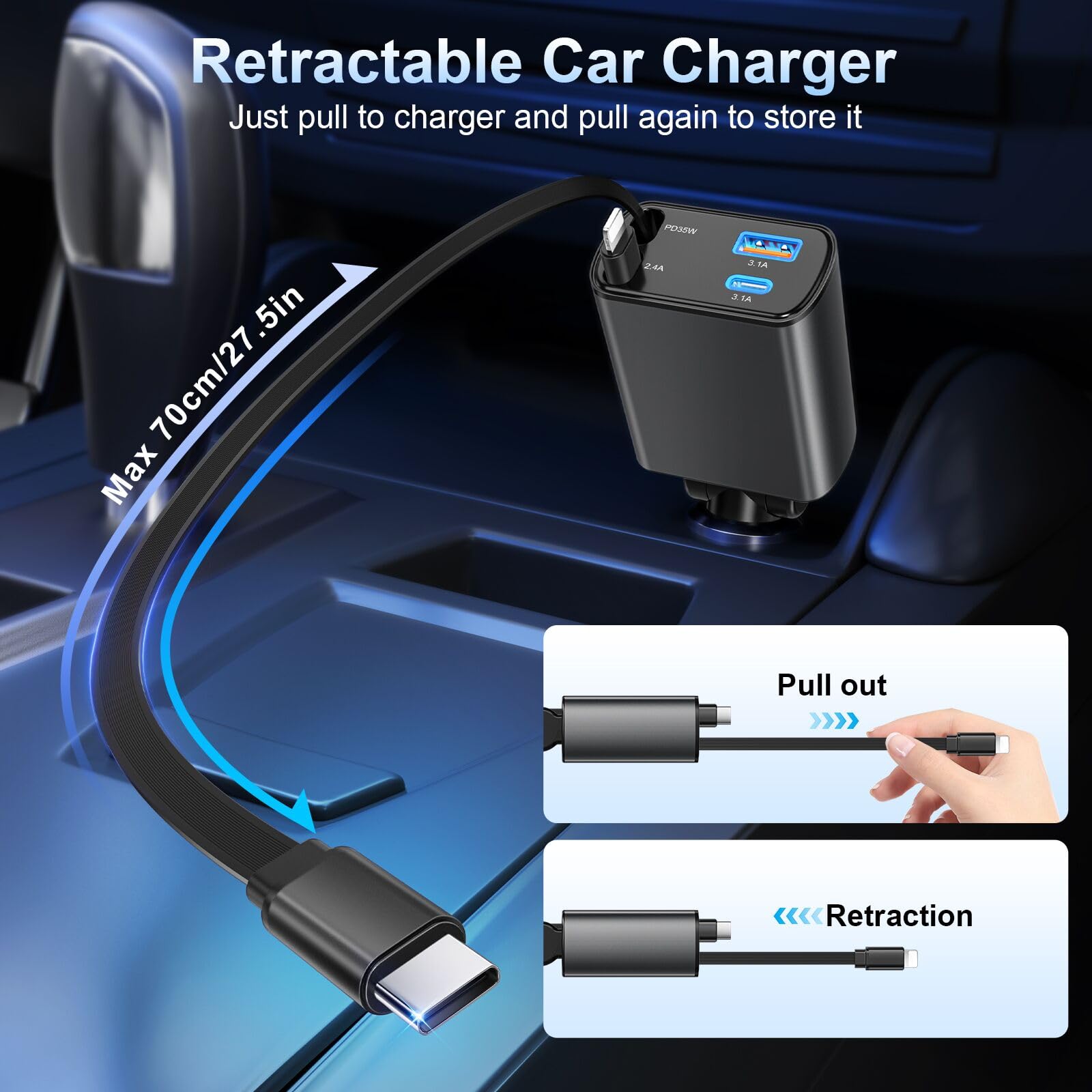 Cargador de coche retráctil USB C de carga rápida, adaptador de coche 4 en 1, cargador de teléfono para encendedor de cigarrillos de 77 W, cargador USB con cable USB C retráctil para iPhone 16/15/14