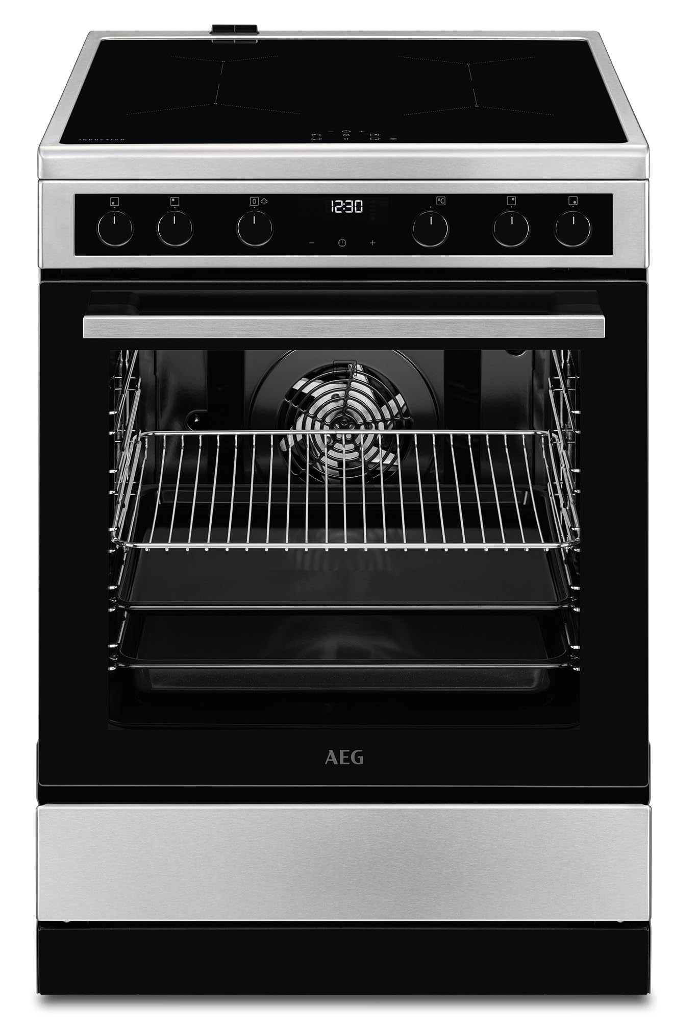 AEG CIB6641BBM 60 cm Standherd mit Induktions-Kochfeld / SteamBake – mit Feuchtigkeitszugabe / Hob²Hood / Versenkknebel / Touch-Bedienung / Grillfunktion / Display mit Uhr / Kindersicherung / A