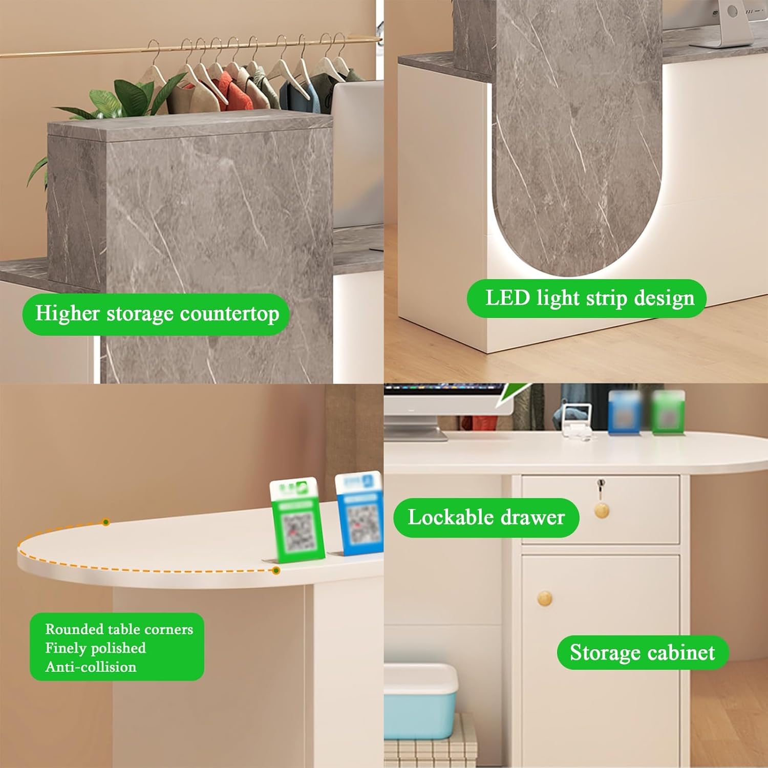 Reception Desk,Front Desk Reception Counter,Modern Reception Desk,Counter,Modern Reception Desk with LED Lights,Open Storage Space,Humanized arc Design(B,LEFT-120cm/47.2in)