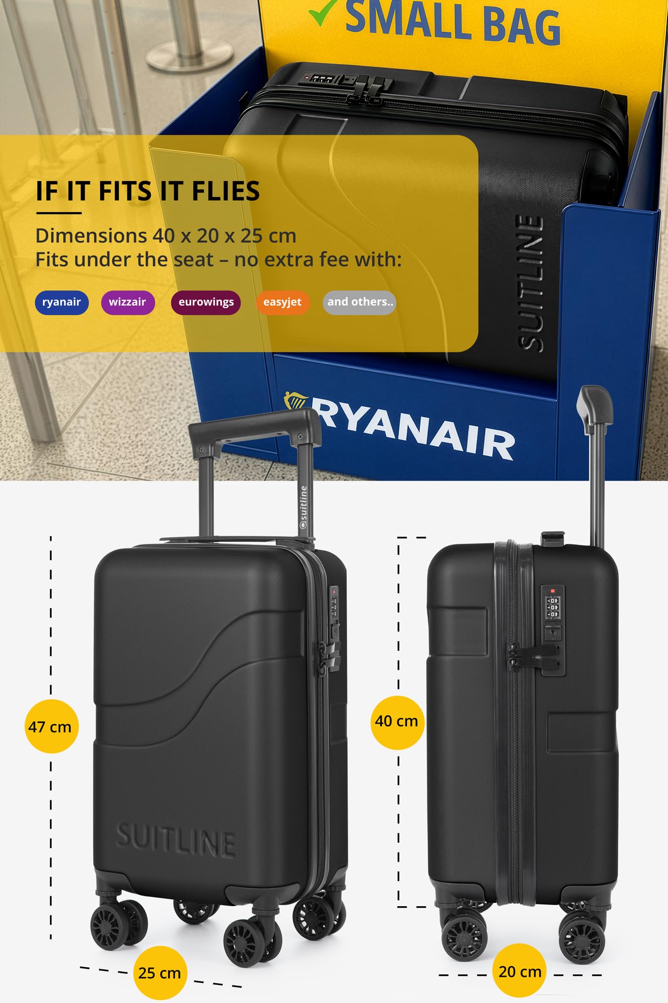 SUITLINE Clix-Lite - Valigia piccola da sottosedile 40x20x25 cm, Bagaglio a mano ruote staccabili, Altezza totale 47 cm, Mini Trolley rigido da Viaggio Aereo, Cabin bag max 20L, Nero