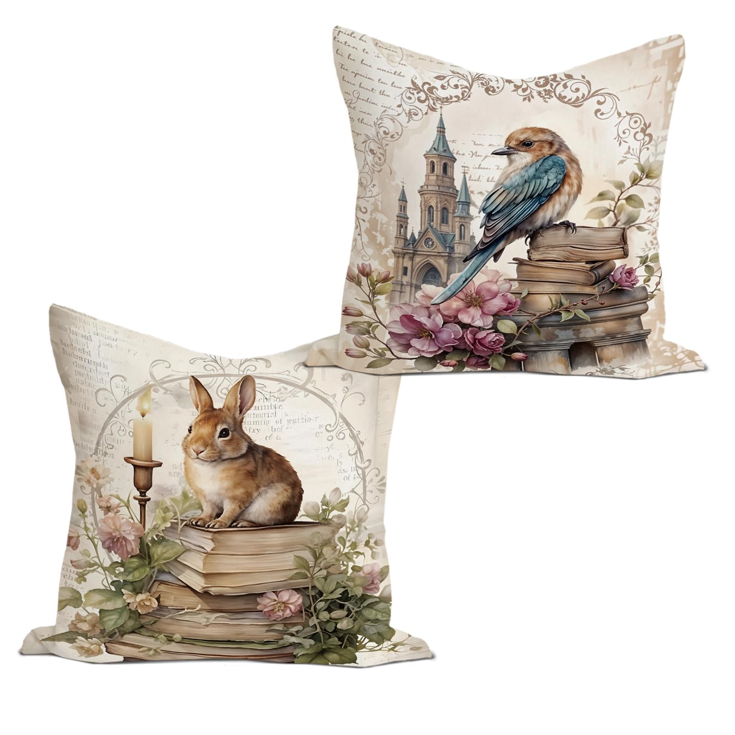 Vintage Bird Bunny Rabbit Throw Pillow Covers 18x18 Inch Set of 2 Rustic Classical Cottagecore Vintage Book Decorative