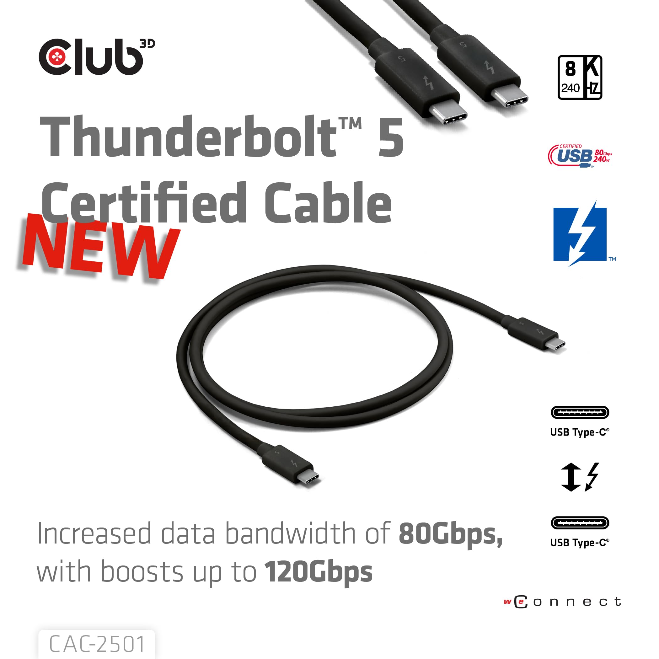 Club 3D CAC-2501 Thunderbolt™ 5 Certified 8K240Hz Data 80/120Gbps EPR 240Watt Cable M/M 1m