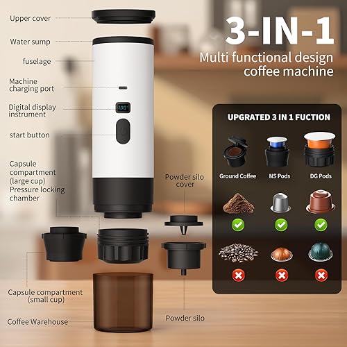 Miniatura 4 de RQUOIRE Cafetera portátil 3 en 1, máquina de café expreso, cafetera de viaje autocalentable compatible con cápsulas NS, DG y café molido, pequeña