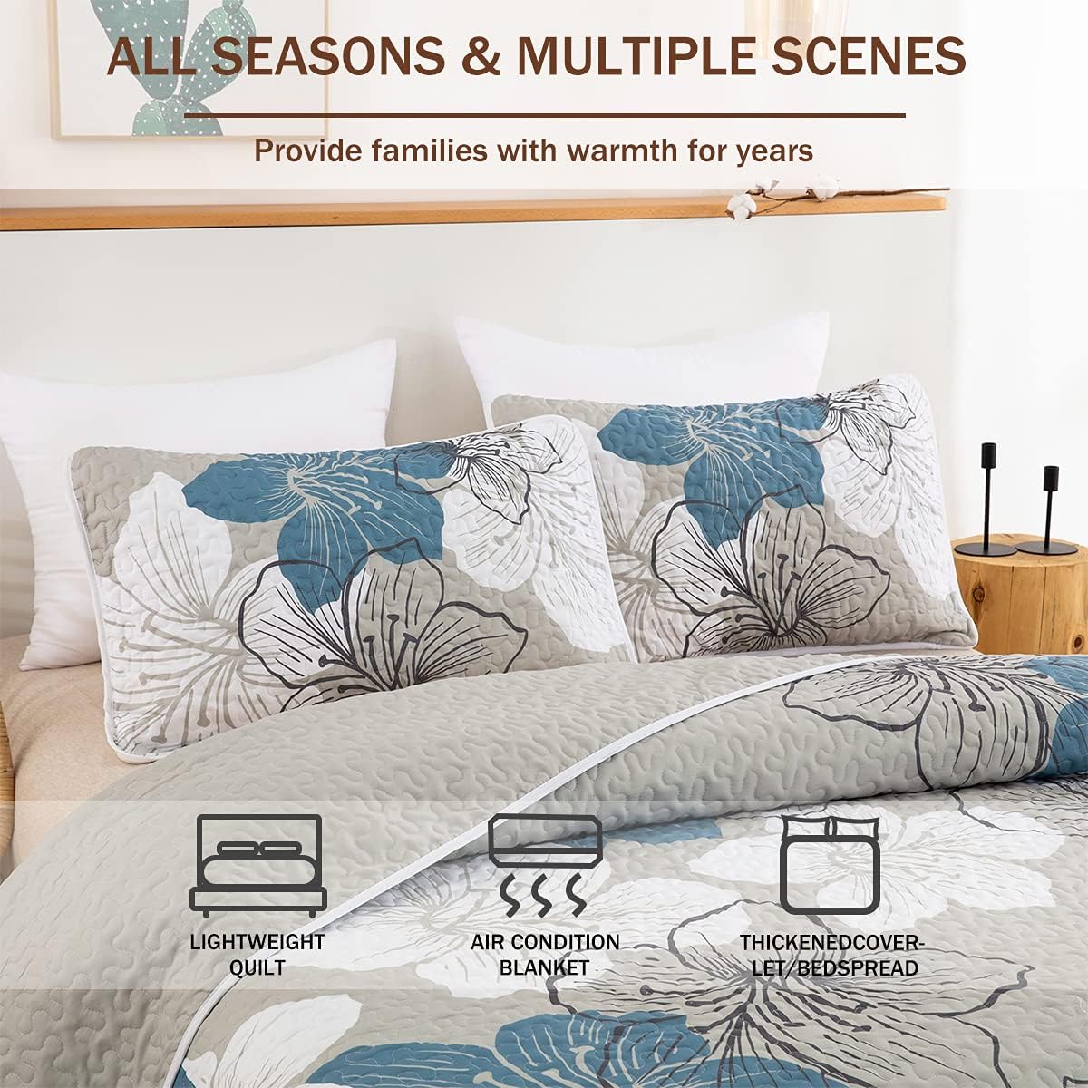 DJY 3 Pieces Quilt Set California King Blue Floral Pattern Quilt Coverlet Elegant Boho Bedspread with 2 Pillow Shams Lightweight Floral Summer Bedding Quilt for Adults Teens 106"x96" - Image 3