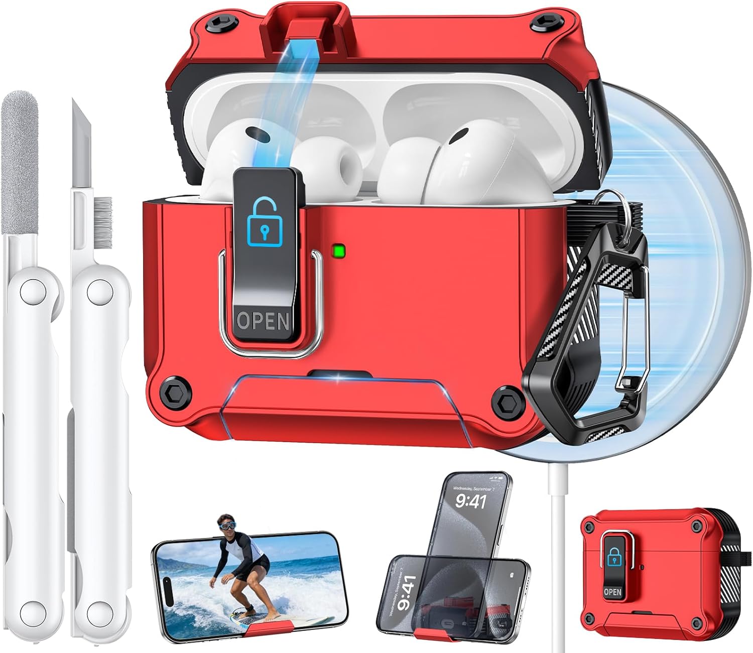 for AirPods Pro 3 Case 2025, Compatible with MagSafe - Designed with Safety Lock, Magnetic Snap-Open Lid and Phone Stand, Includes a Cleaner & Keychain - Rugged Tough Hard Shell