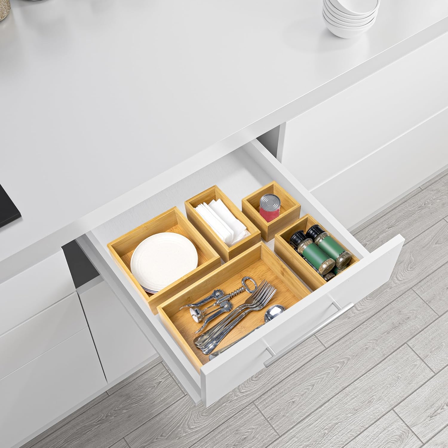 VaeFae Organizer cassetti in bambù, set da 5 per cucina e bagno | Divisione pratica degli scompartimenti, superfici lisce senza sbavature, stabile e duraturo, facile da pulire