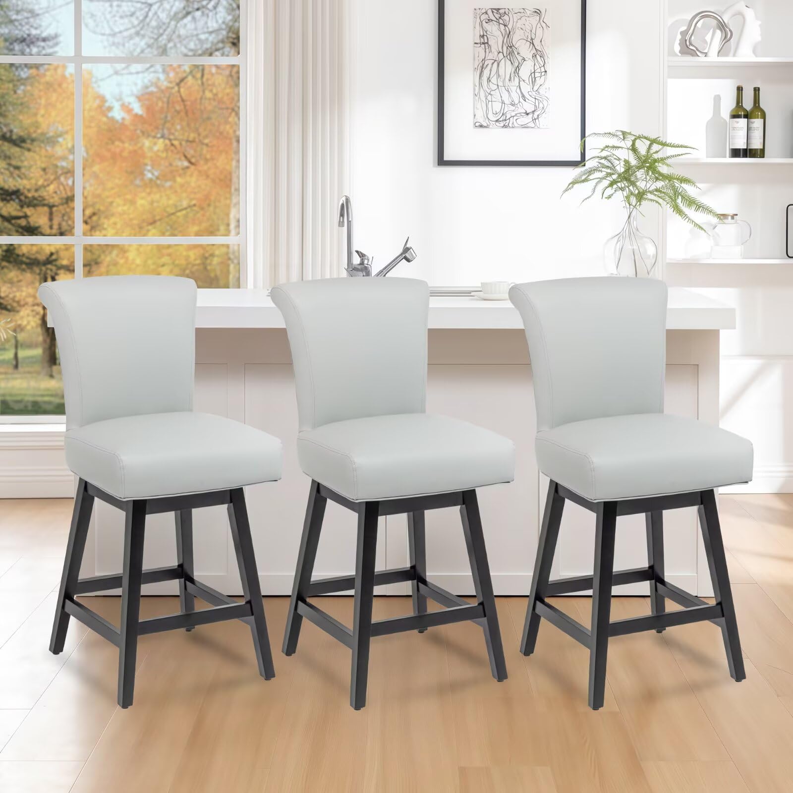 TUNESET Bar Stools Set of 3, PU Leather Barstools, 26 Inch Upholstered Counter Stools with 15.7" High Back and Footrest, Swivel Counter Height