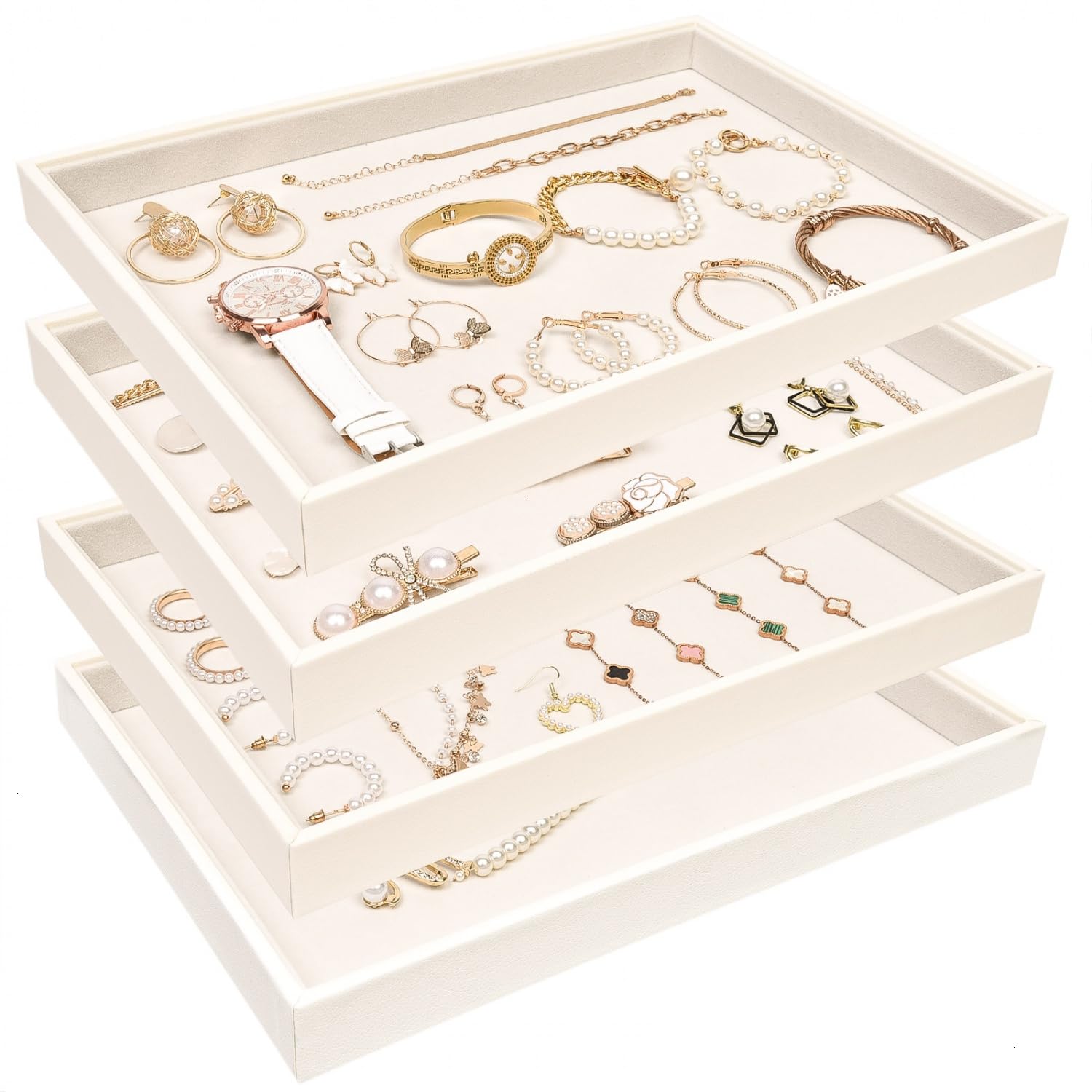 Photo 1 of JETEHO Beige Velvet Jewelry Trays for Drawers Black Jewelrys Display Tray Stackable Jewelry Organizer Trays for Necklace Bracelet Ring Watch (4 Pack)