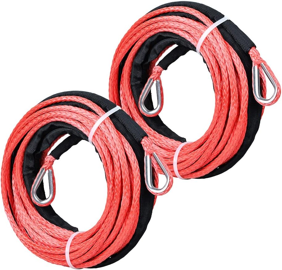 2pcs 50ft 1/4" Red UHMWMPE Synthetic Rope Extension with 39" Rock Guard Thimbles 7500lbs for ATV UTV Tow Truck 4WD 4x4 Snow Plow