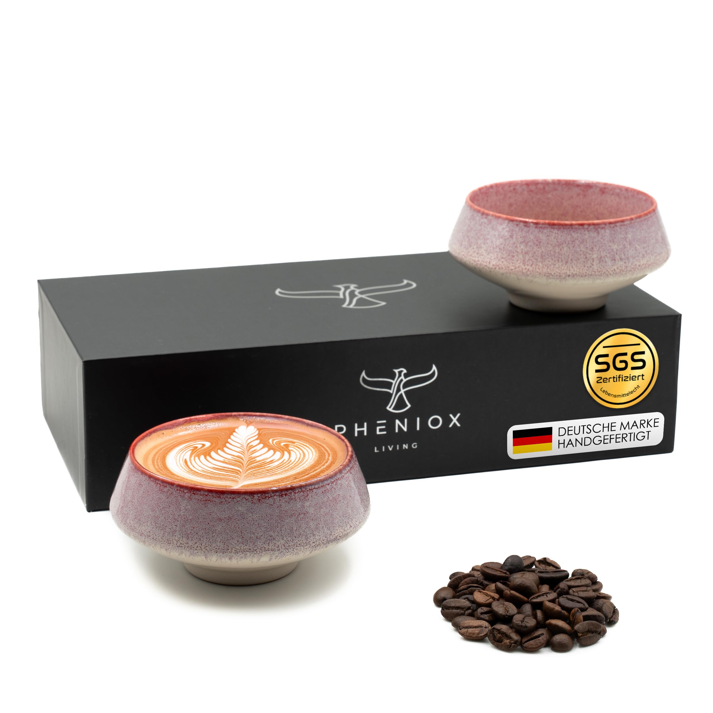 Pheniox Set di tazze da cappuccino Barista Red – 2 x 180 ml | tazze da caffè di alta qualità in porcellana – tazze da caffè senza manico | design moderno senza tempo – lavabile in lavastoviglie |