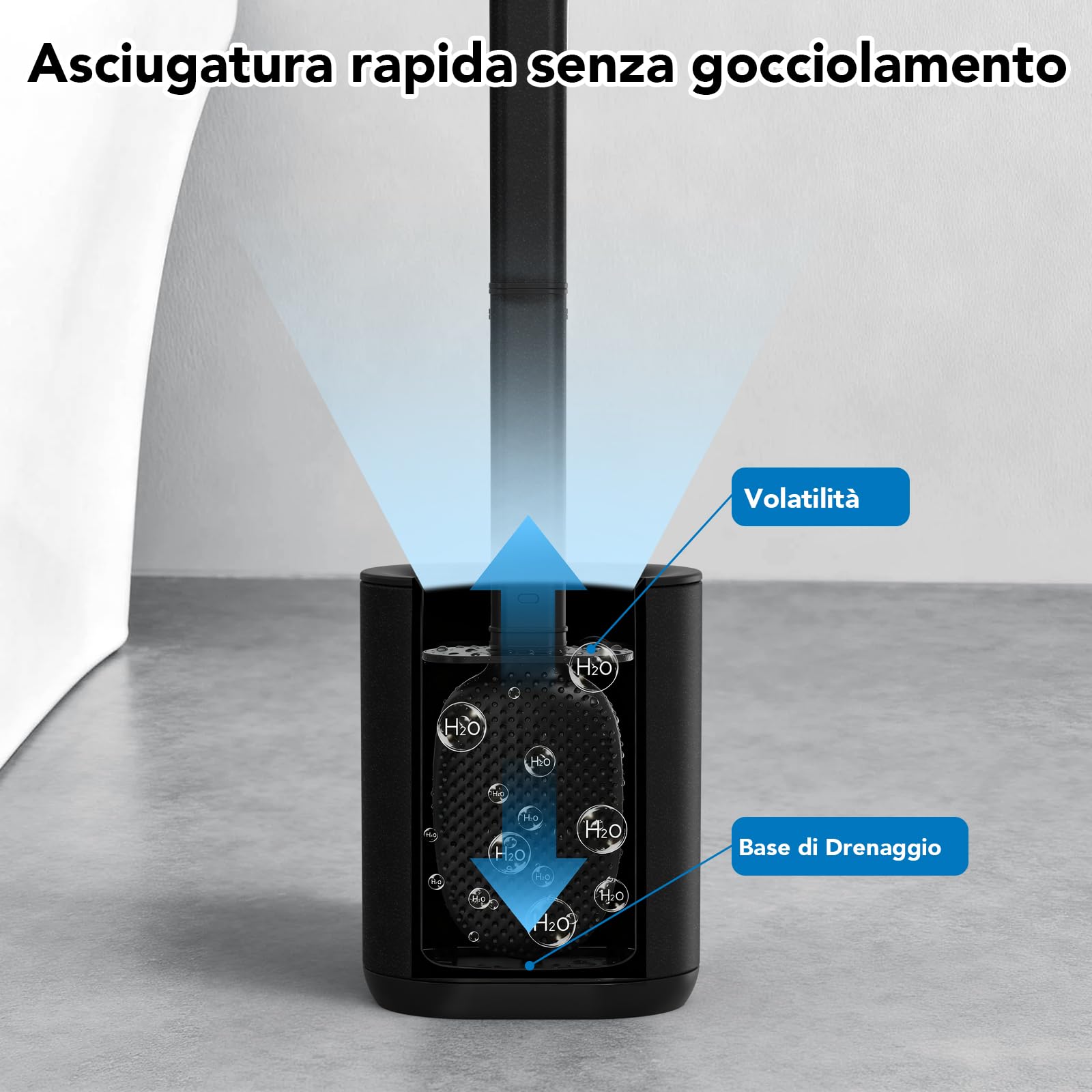HOMEASY Scopino WC con Supporto in Acciaio Inox, Spazzolino WC ad Asciugatura Rapida con Base Rimovibile, Appoggiata a Terra o Fissata al Muro, Viene Fornito con 2 Adesivi Murali - Nero