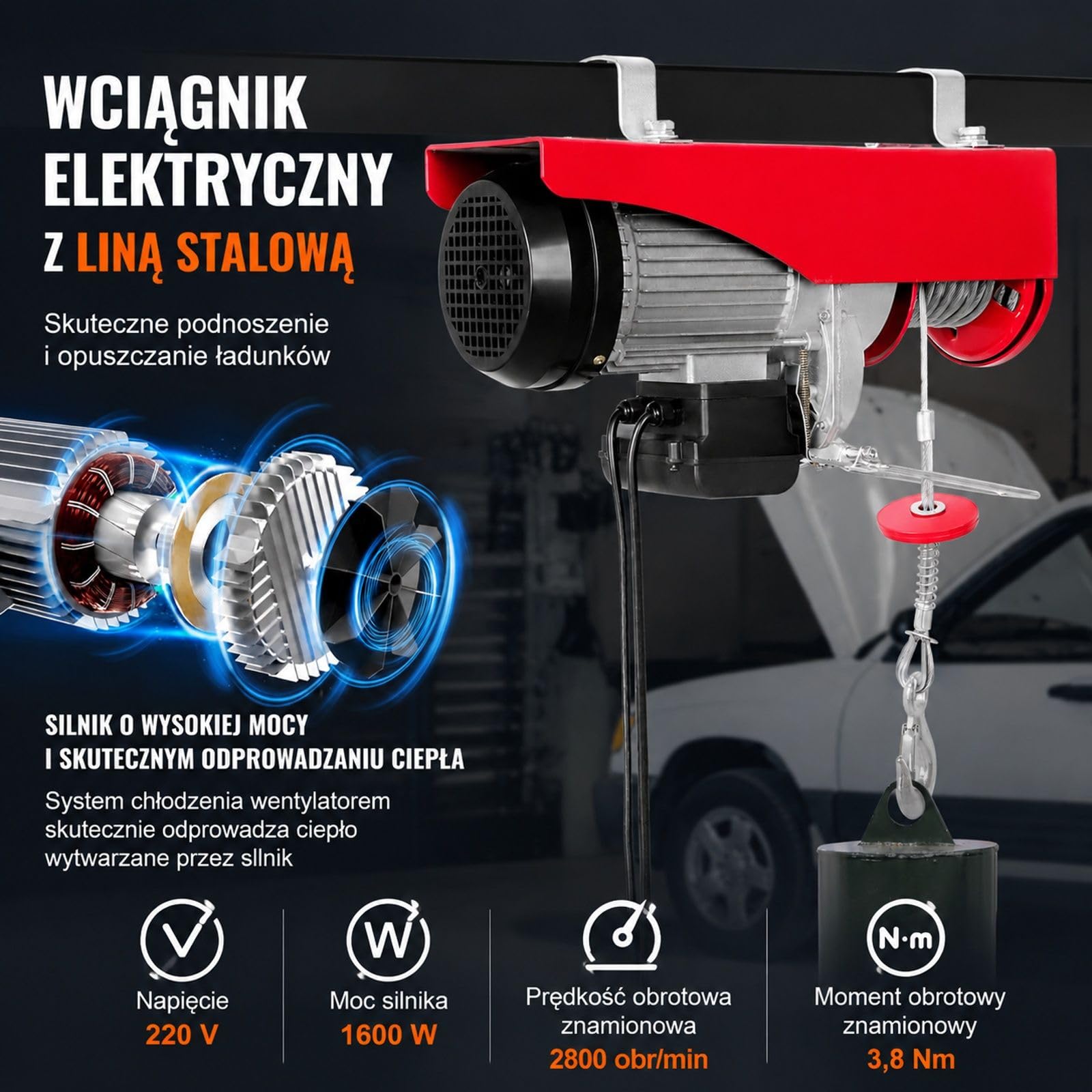 Elektryczny wciągnik linowy 1000 kg, silnik 1600 W, podnoszenie 12 m, prędkość 10 m/min, stalowa lina, hak stopowy do garażu magazynu fabryki