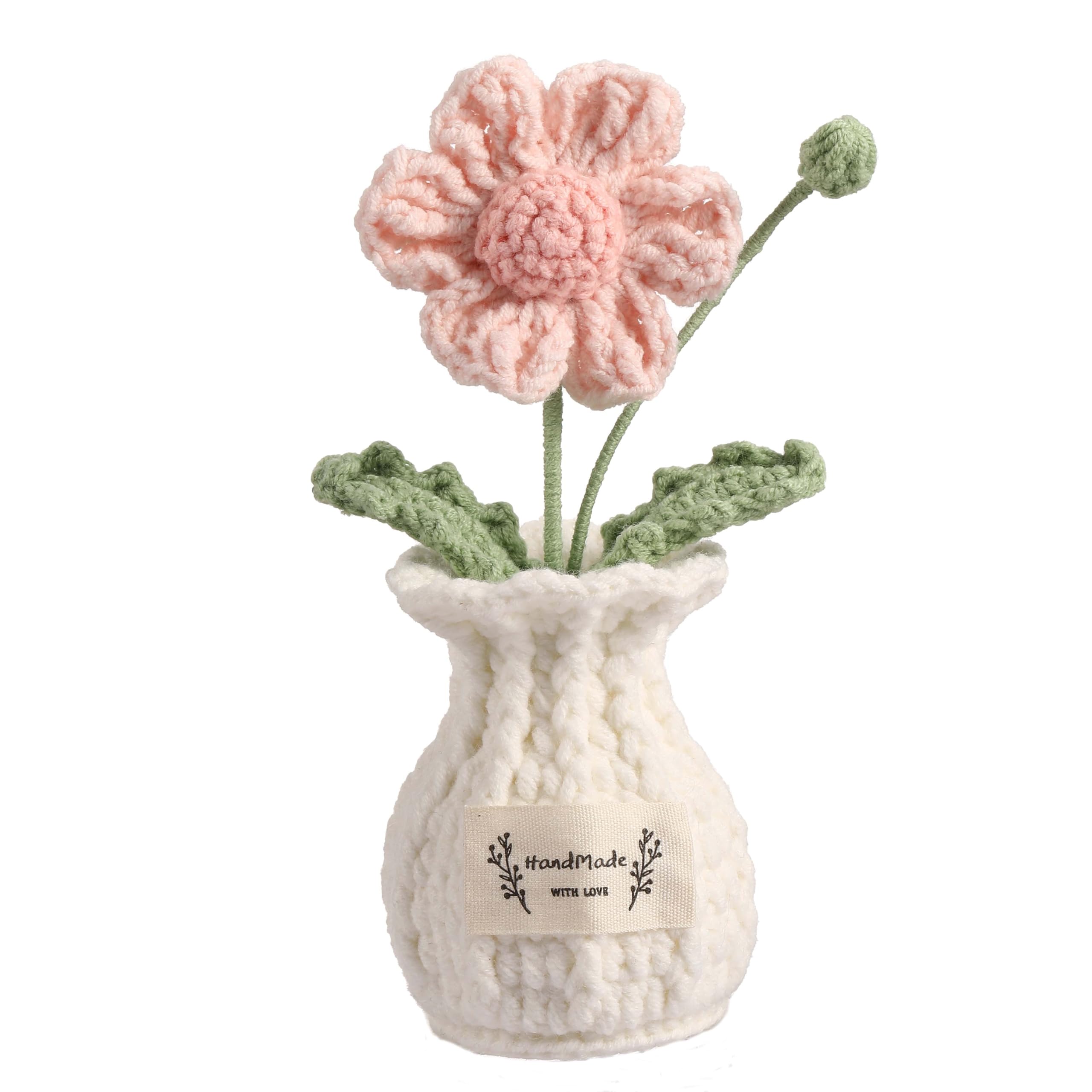 Daisy Crochet Flower Potted Plant – Pink, Handmade Knitted Desk Decor