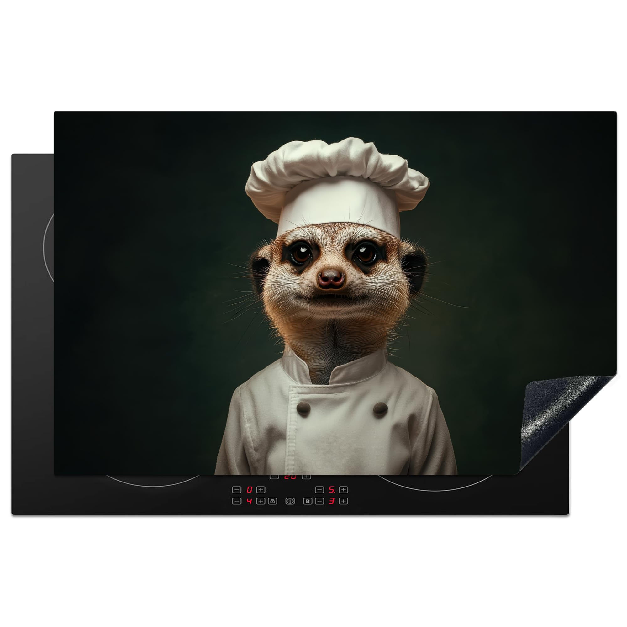 KitchenYeah© Induction Hob Cover Protector Mat 20.8"x32.1" / 81.6x52.7 cm Kitchen Universal Ceramic Covers for Electric Cookers Vinyl Animal - Chefs Hat - Meerkat