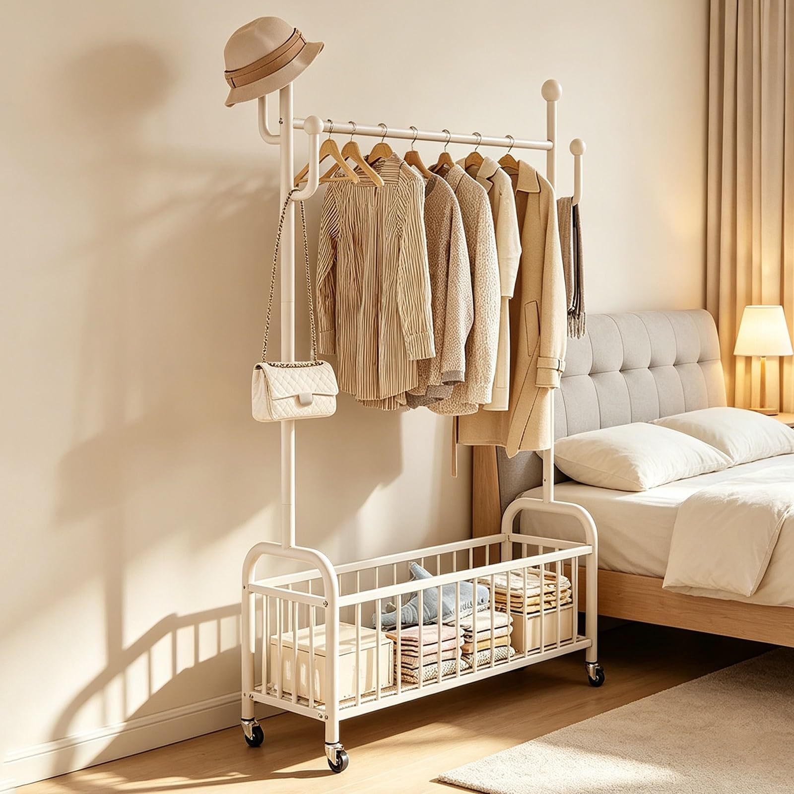 Qxgylz Rolling Garment Rack with Storage Basket, Freestanding Clothes Rack with Cactus Hooks